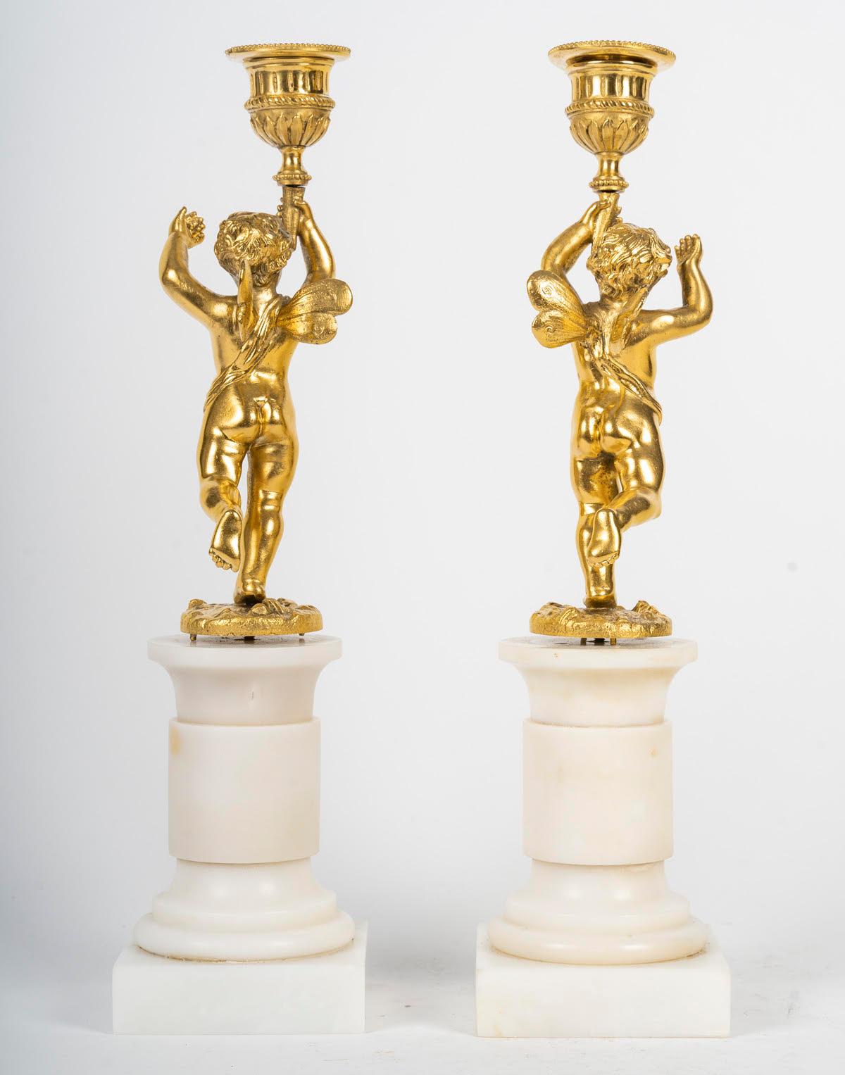 Pair of Gilt Bronze Candlesticks, Marble Base, 19th Century, Napoleon III Period For Sale 1