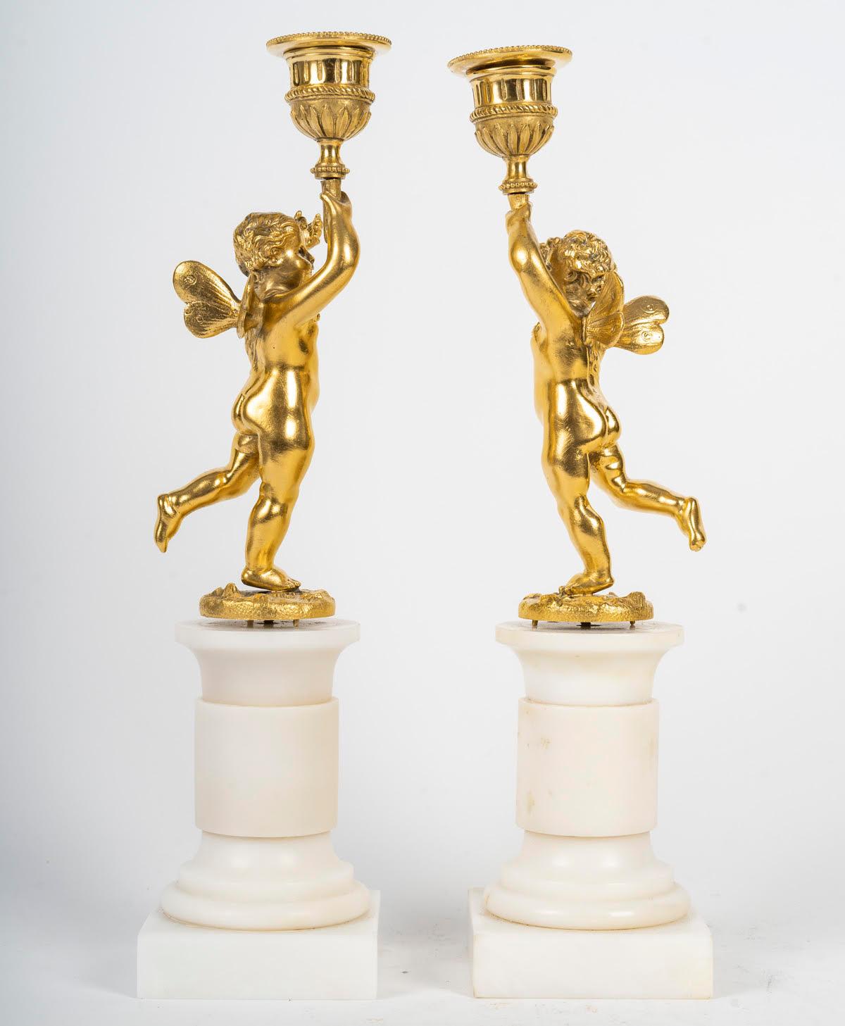 Pair of Gilt Bronze Candlesticks, Marble Base, 19th Century, Napoleon III Period For Sale 2