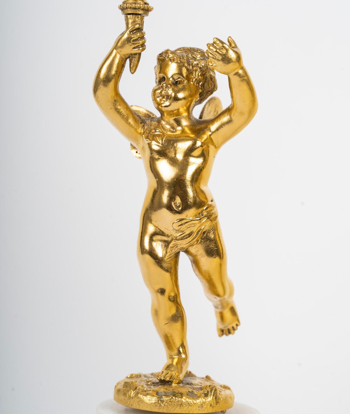 Pair of Gilt Bronze Candlesticks, Marble Base, 19th Century, Napoleon III Period For Sale 3