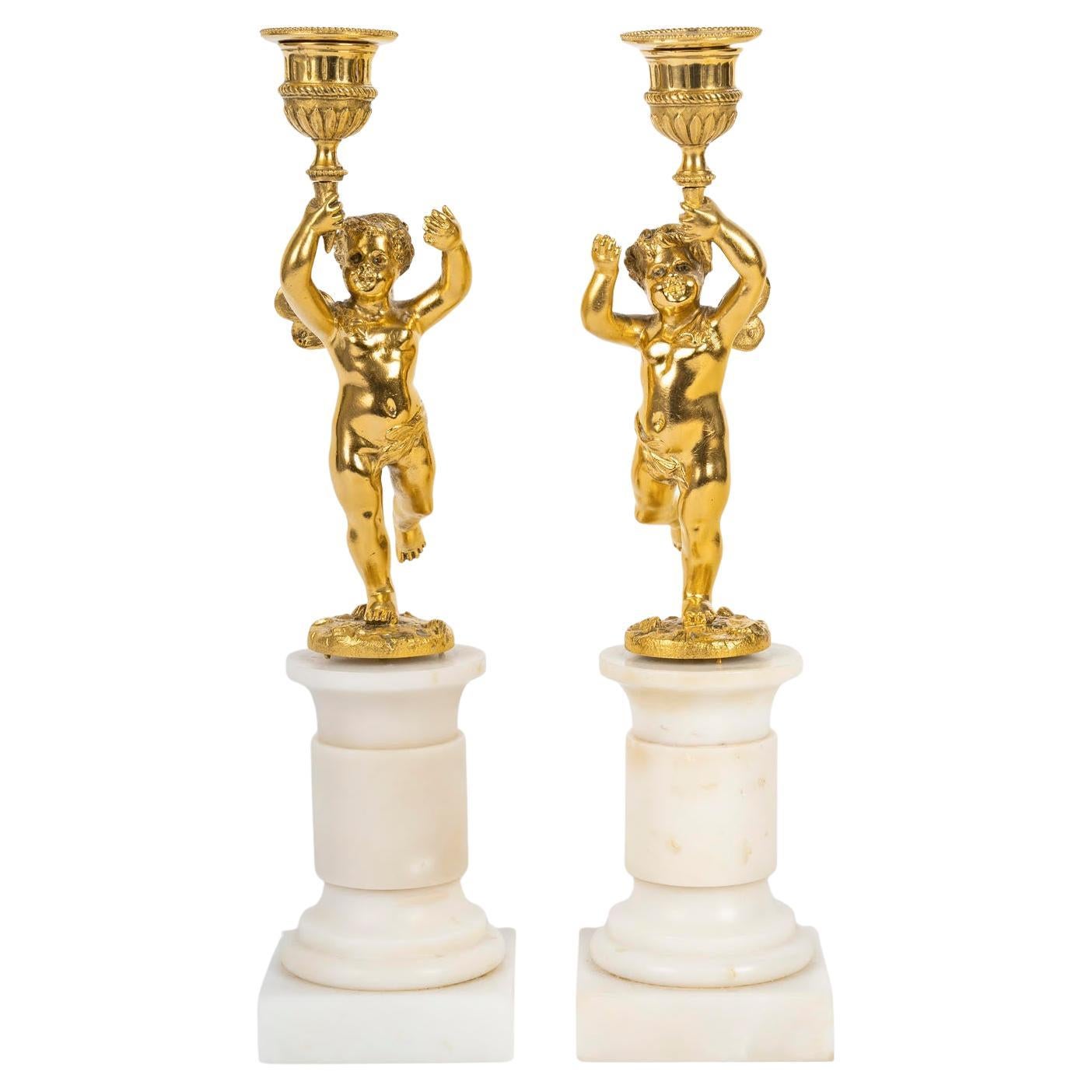 Pair of Gilt Bronze Candlesticks, Marble Base, 19th Century, Napoleon III Period
