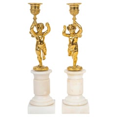 Pair of Gilt Bronze Candlesticks, Marble Base, 19th Century, Napoleon III Period