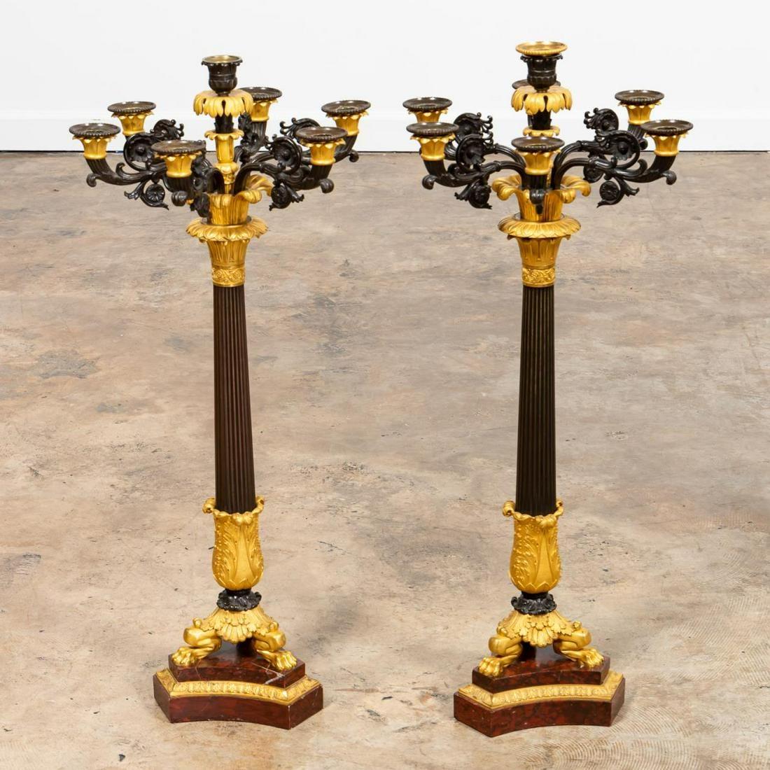 Pair of Gilt Bronze Candlesticks on Marble For Sale 6