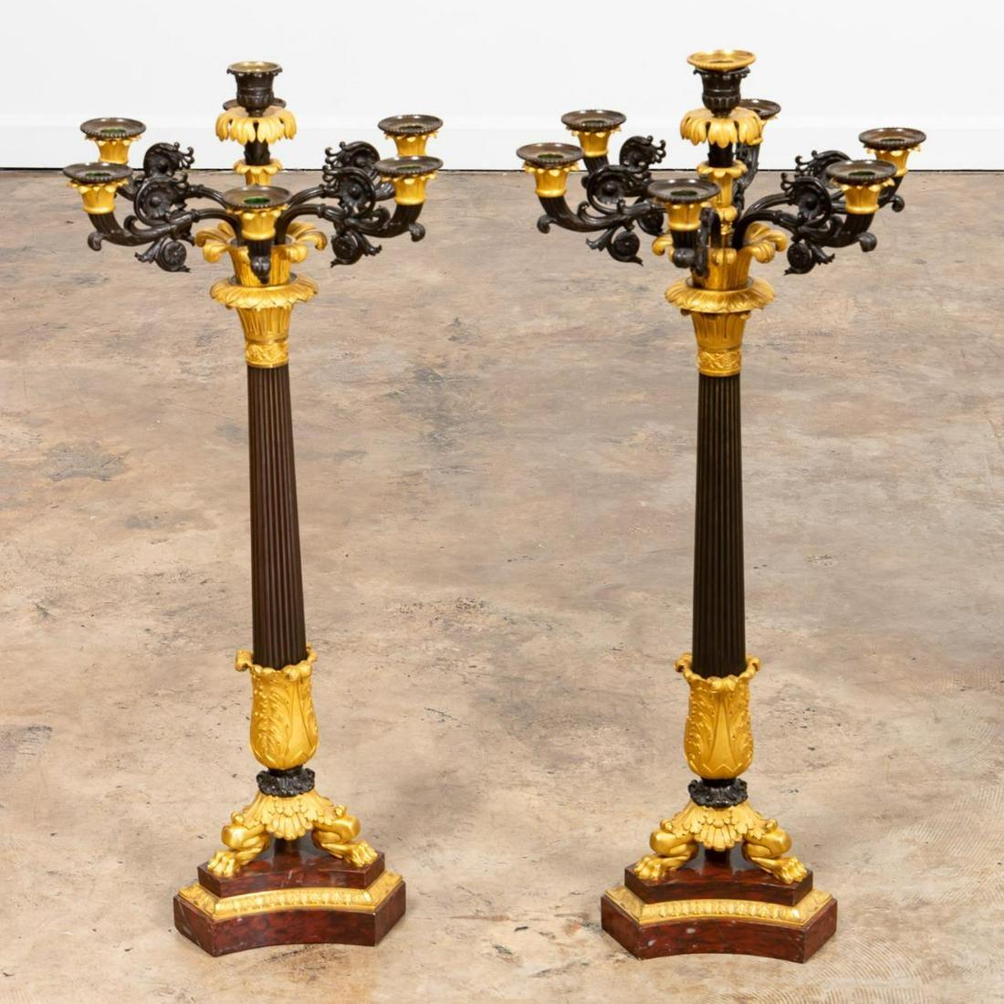 Pair of Gilt Bronze Candlesticks on Marble For Sale 2
