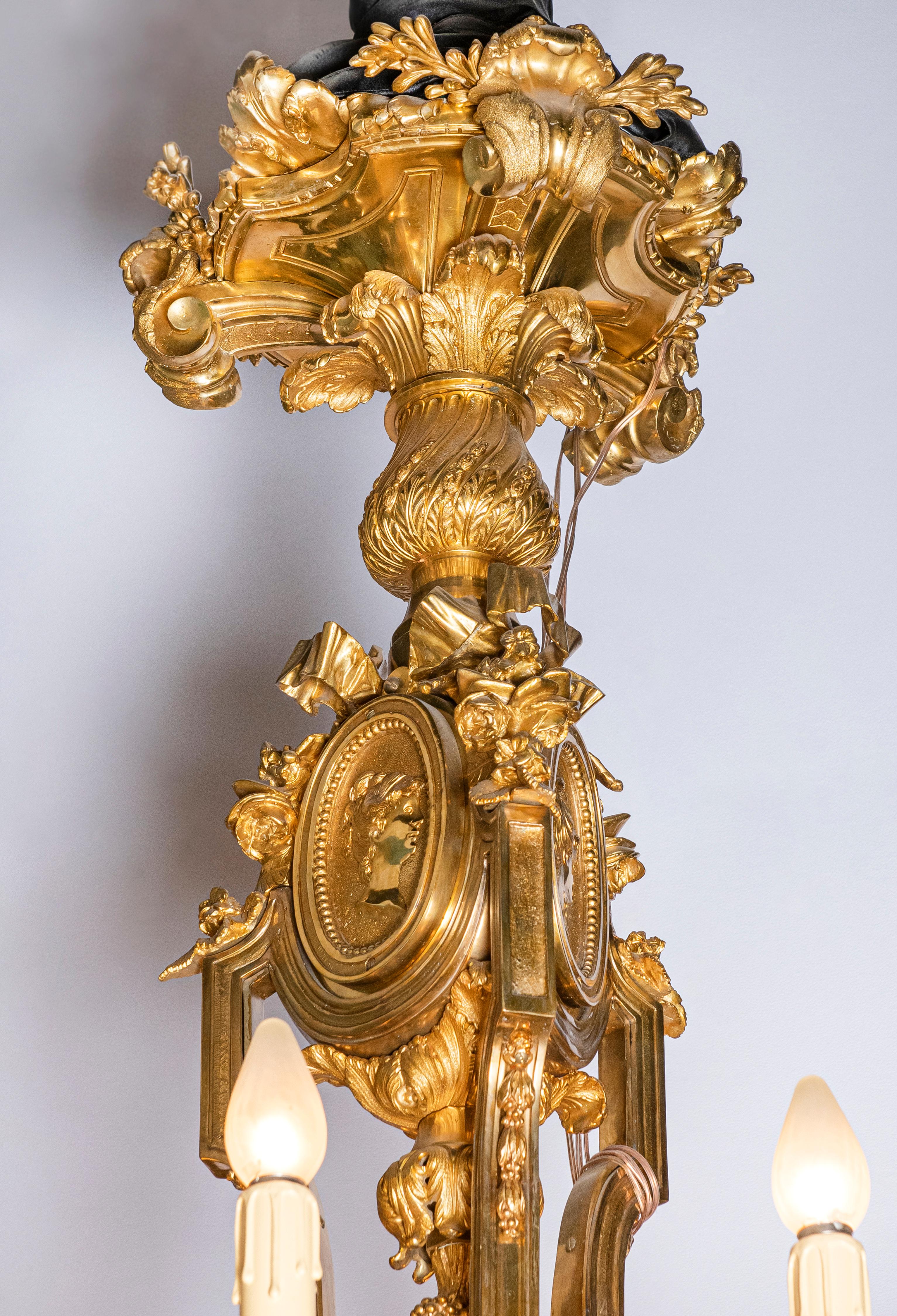 French Pair of Gilt Bronze Chandeliers with Lost-Wax Process. France, circa 1890 For Sale