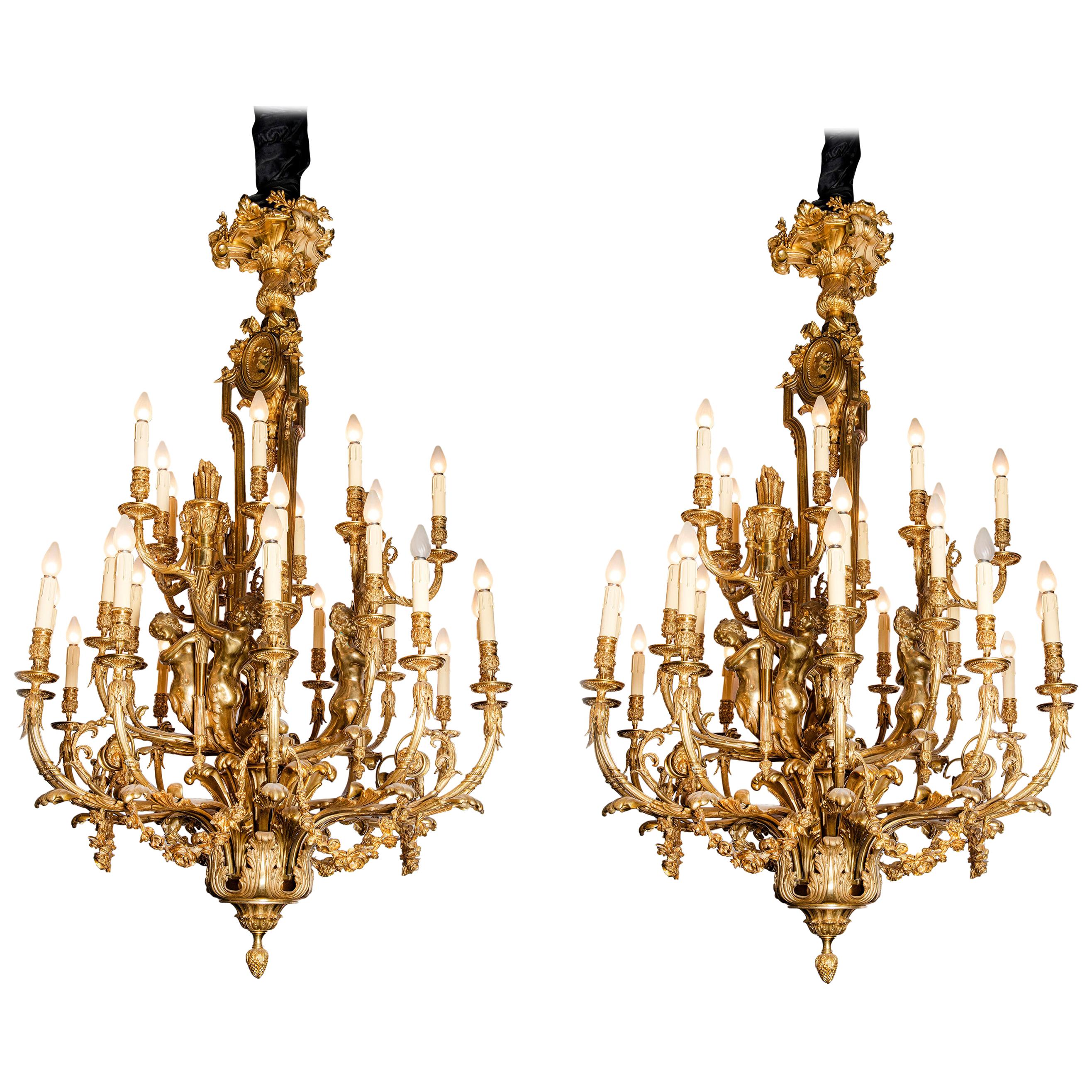 Pair of Gilt Bronze Chandeliers with Lost-Wax Process. France, circa 1890