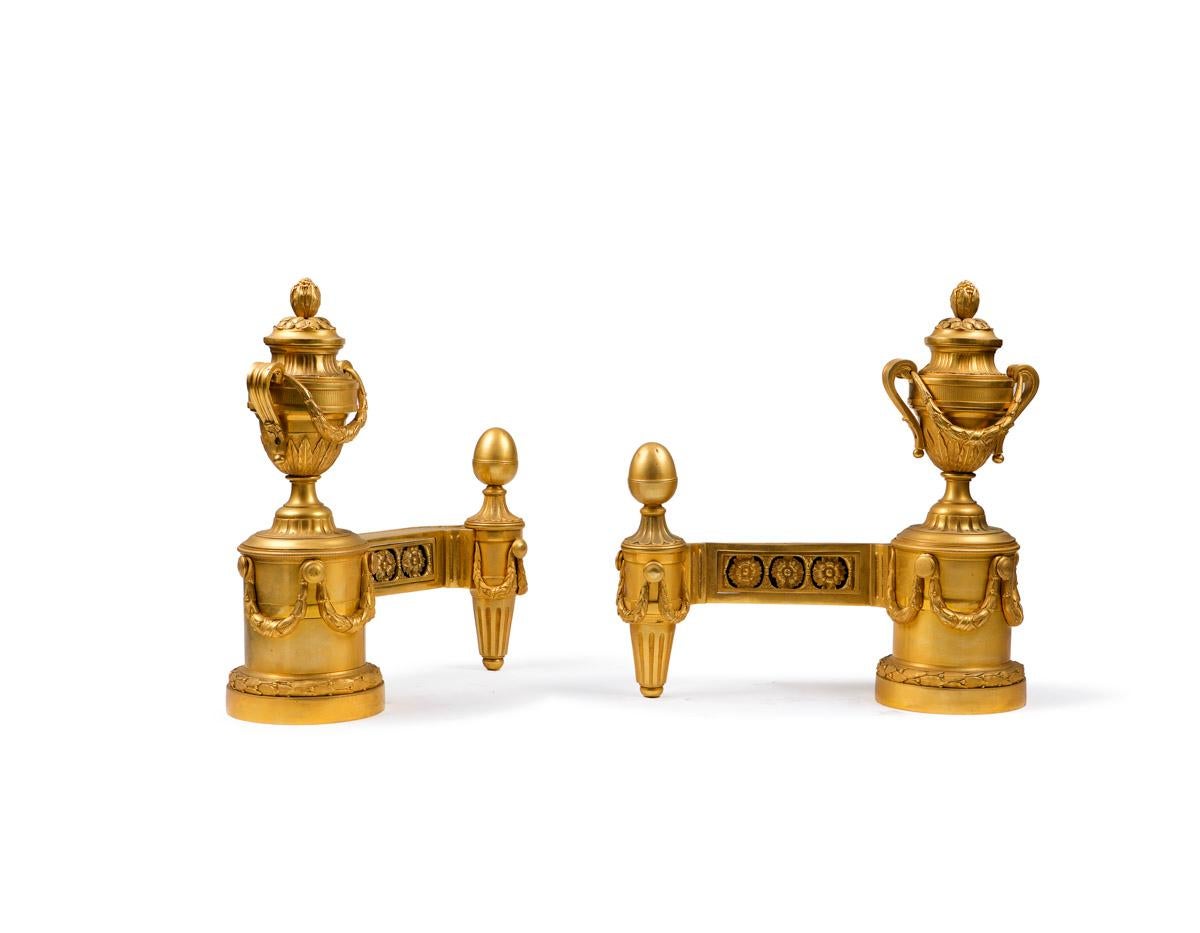 French Pair of Gilt Bronze Chenet Louis XVI Style For Sale