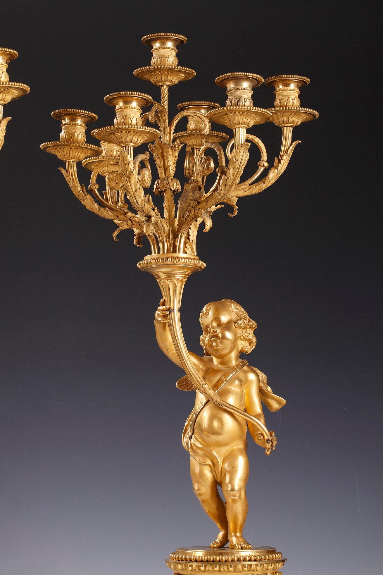 French Pair of Gilded Bronze Cherub Candelabras After Clodion, France, Circa 1880 