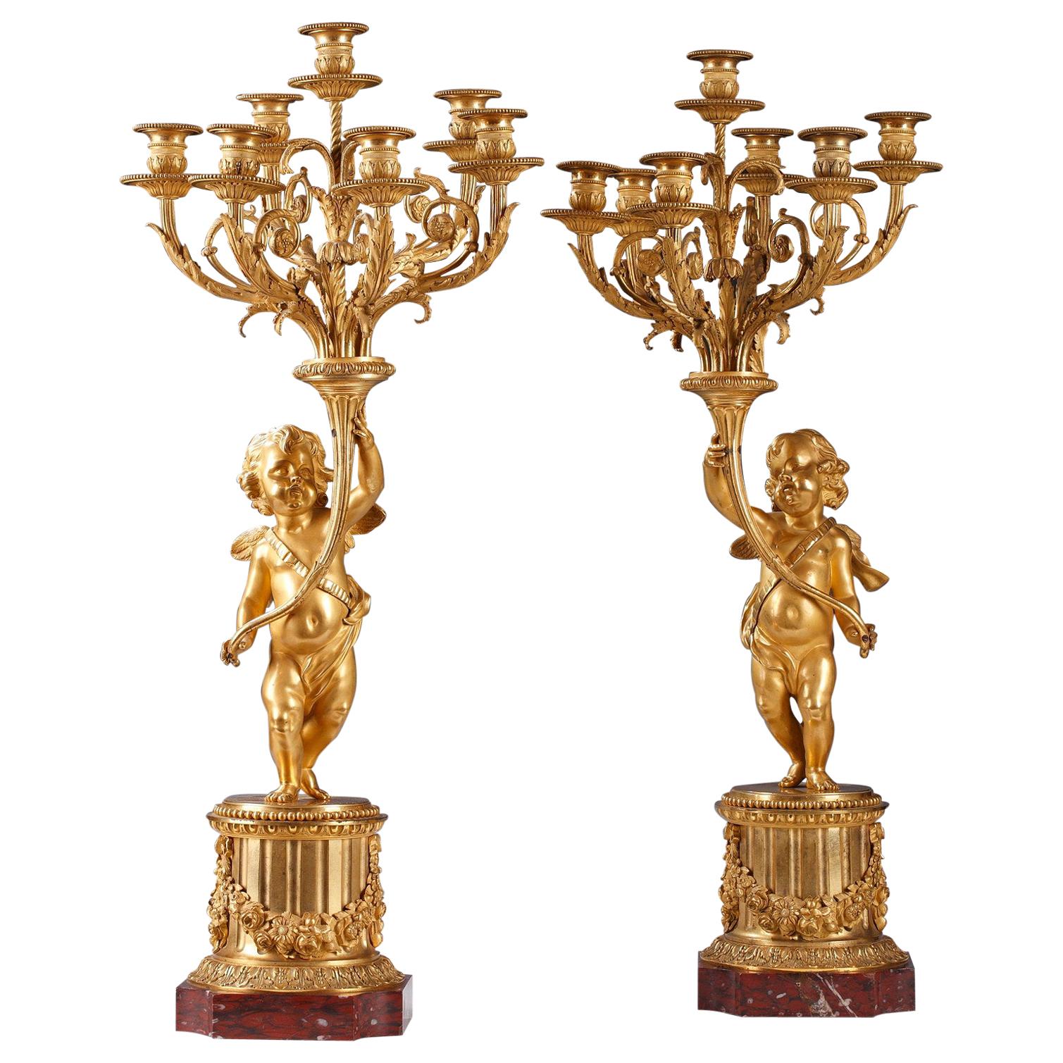 Pair of Gilded Bronze Cherub Candelabras After Clodion, France, Circa 1880 