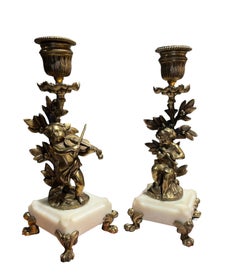 Pareja De Portavelas Querubines De Bronce Dorado