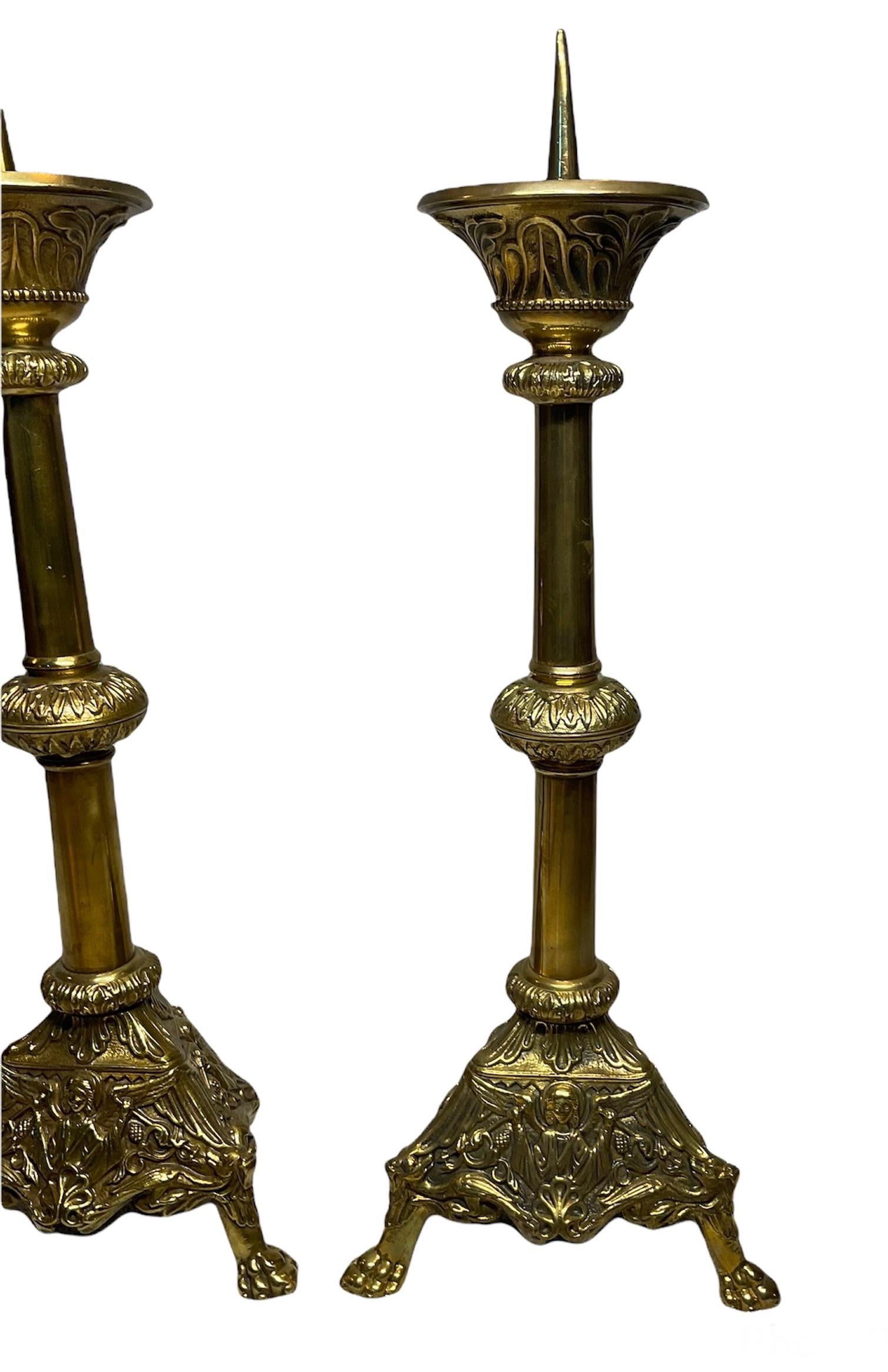 Pair of Gilt Bronze Church Altar Candle Holder/Candelsticks In Good Condition In Guaynabo, PR