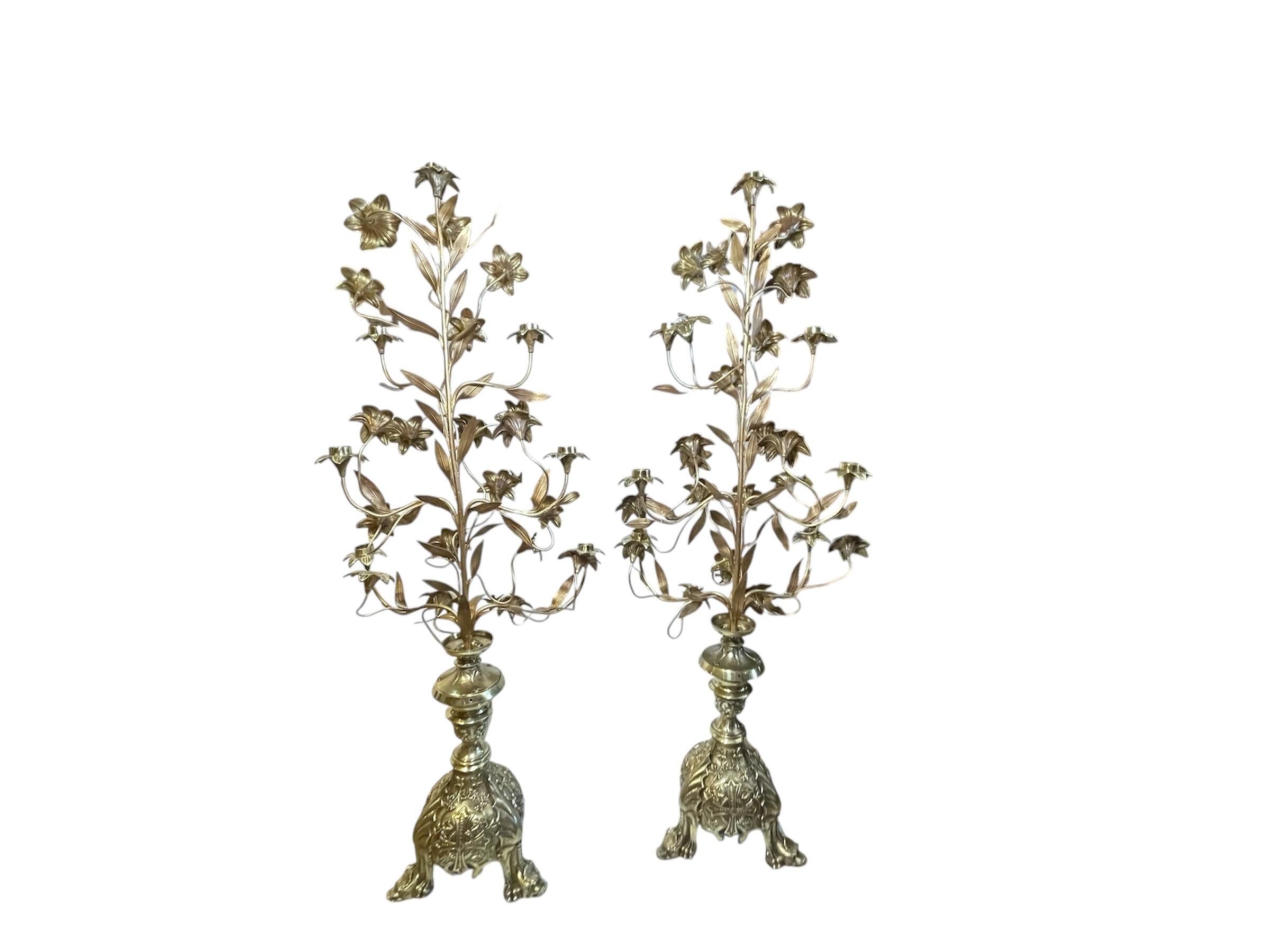 Pair Of Gilt Bronze Console Lily Flowers Candelabras 5