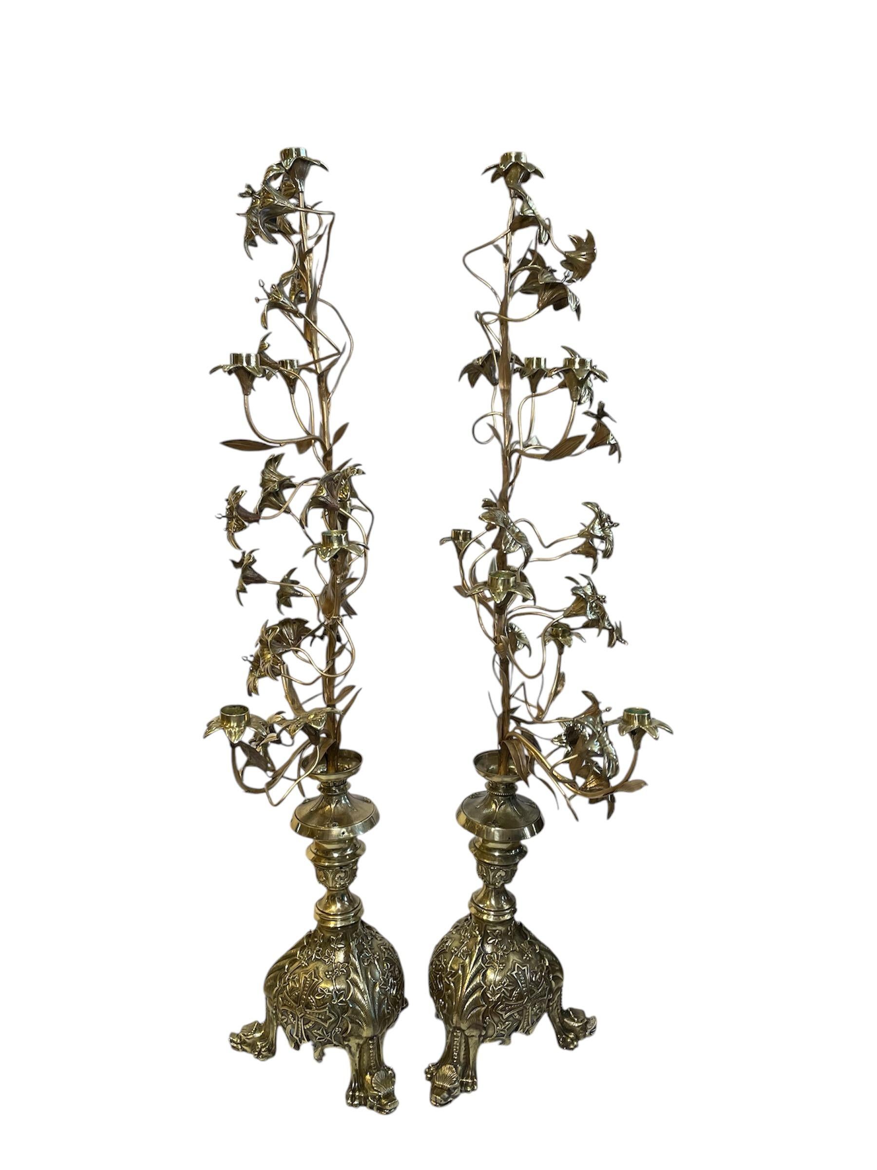 Pair Of Gilt Bronze Console Lily Flowers Candelabras 6