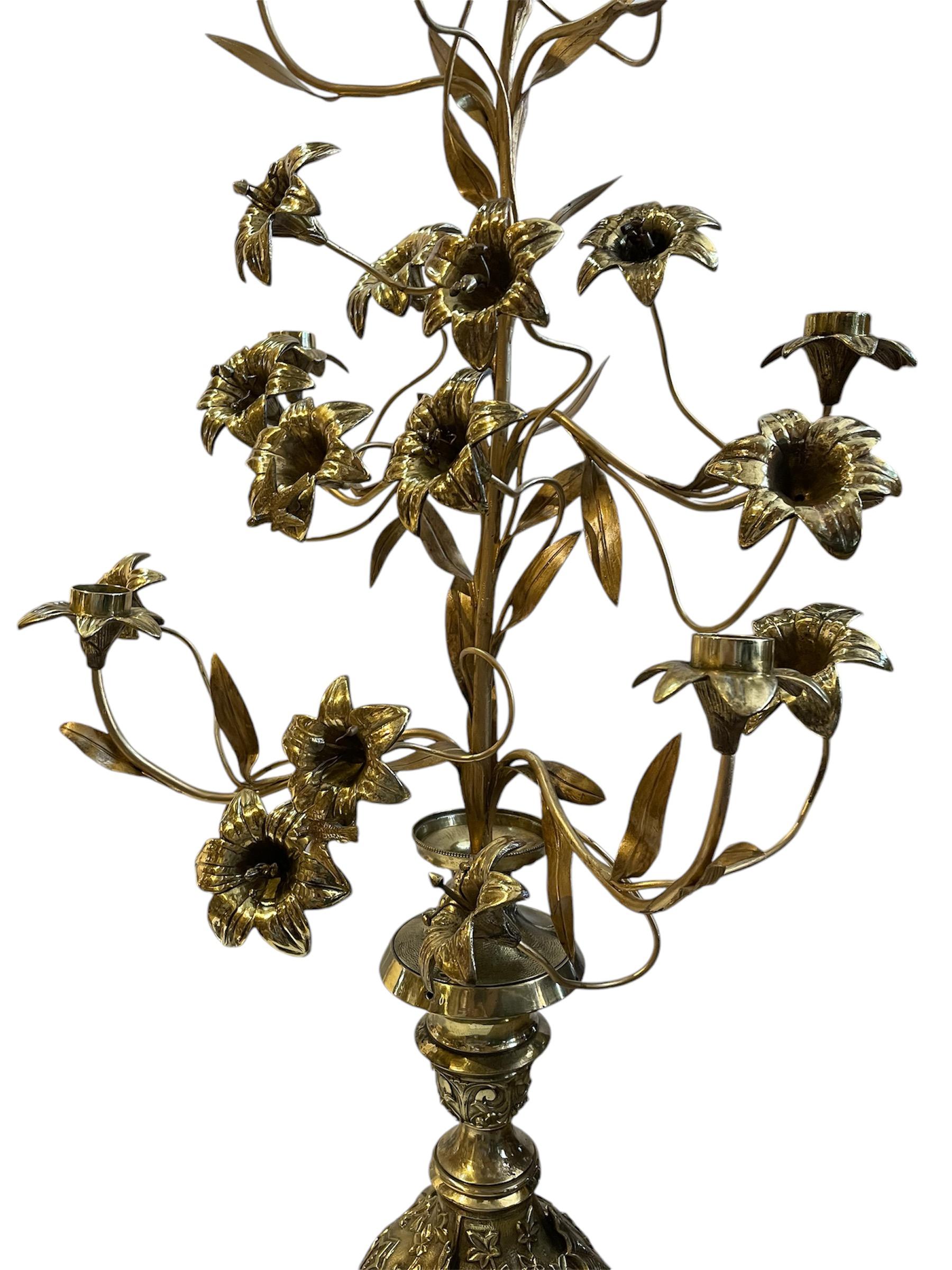 Pair Of Gilt Bronze Console Lily Flowers Candelabras 7