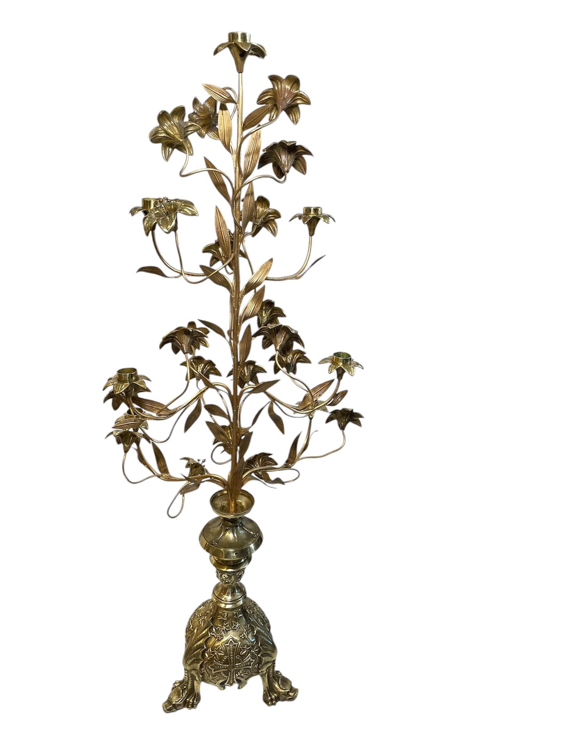Pair Of Gilt Bronze Console Lily Flowers Candelabras 8