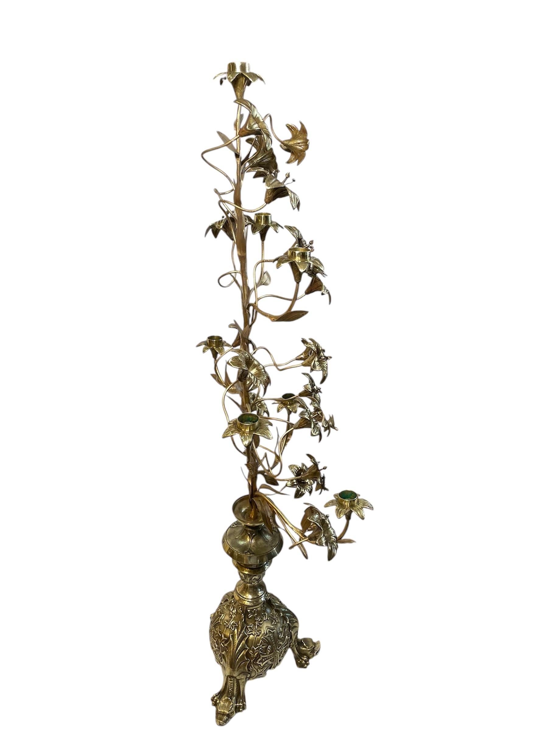 Pair Of Gilt Bronze Console Lily Flowers Candelabras 9