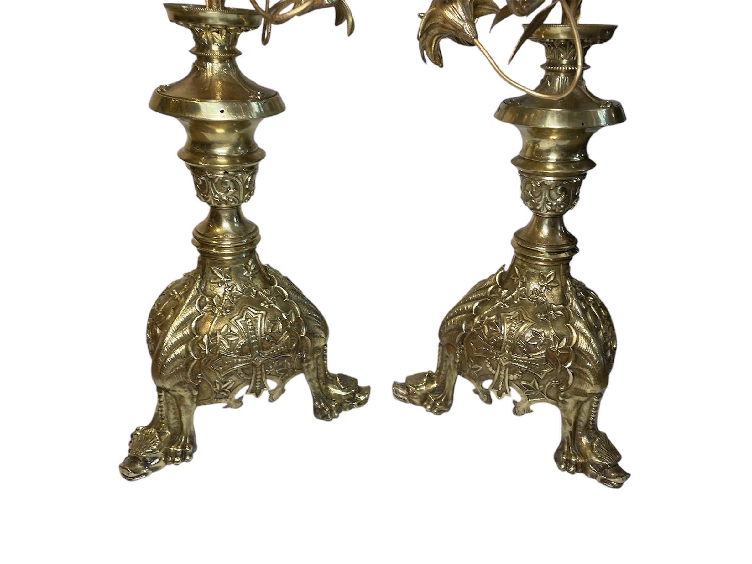 Pair Of Gilt Bronze Console Lily Flowers Candelabras 11