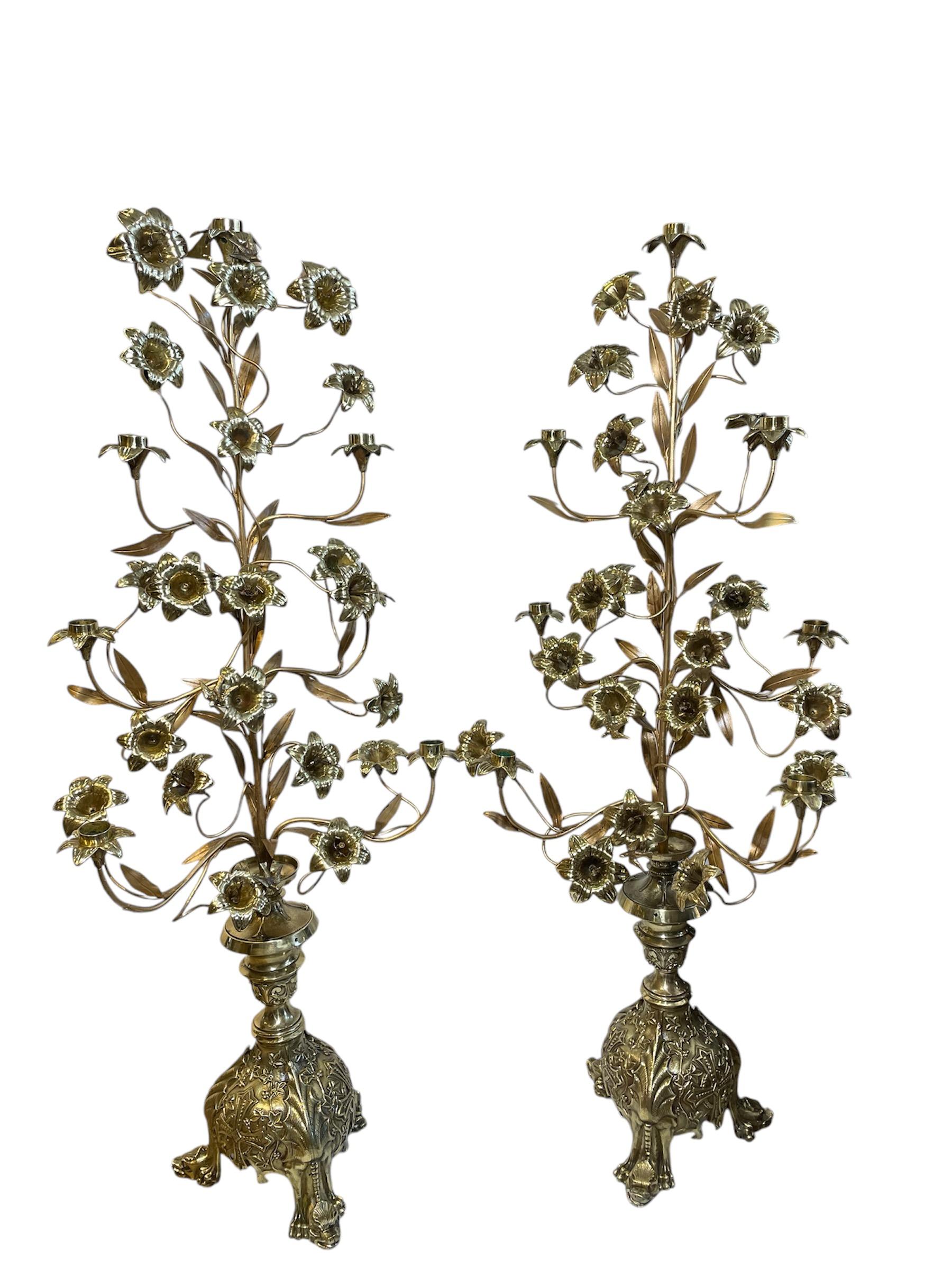 Pair Of Gilt Bronze Console Lily Flowers Candelabras 14