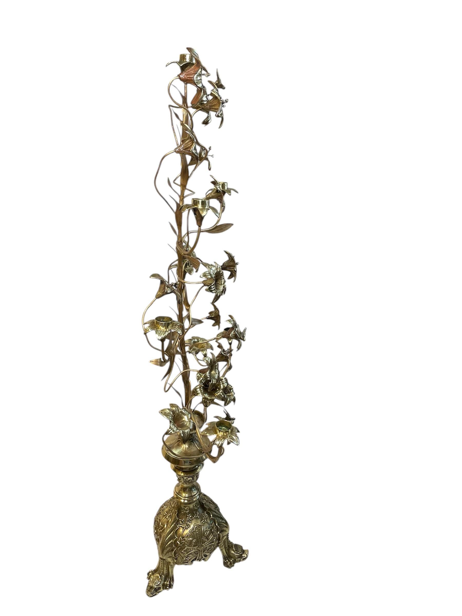 Victorian Pair Of Gilt Bronze Console Lily Flowers Candelabras
