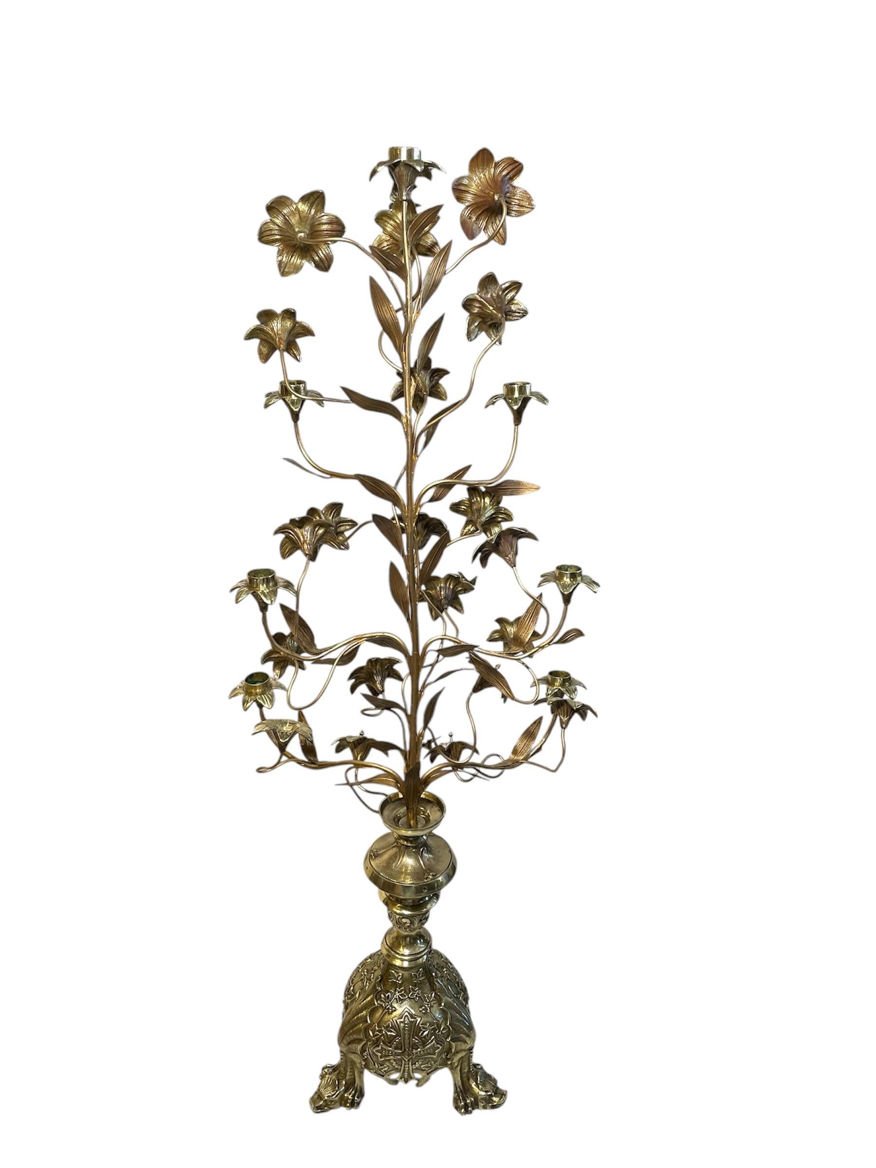 French Pair Of Gilt Bronze Console Lily Flowers Candelabras