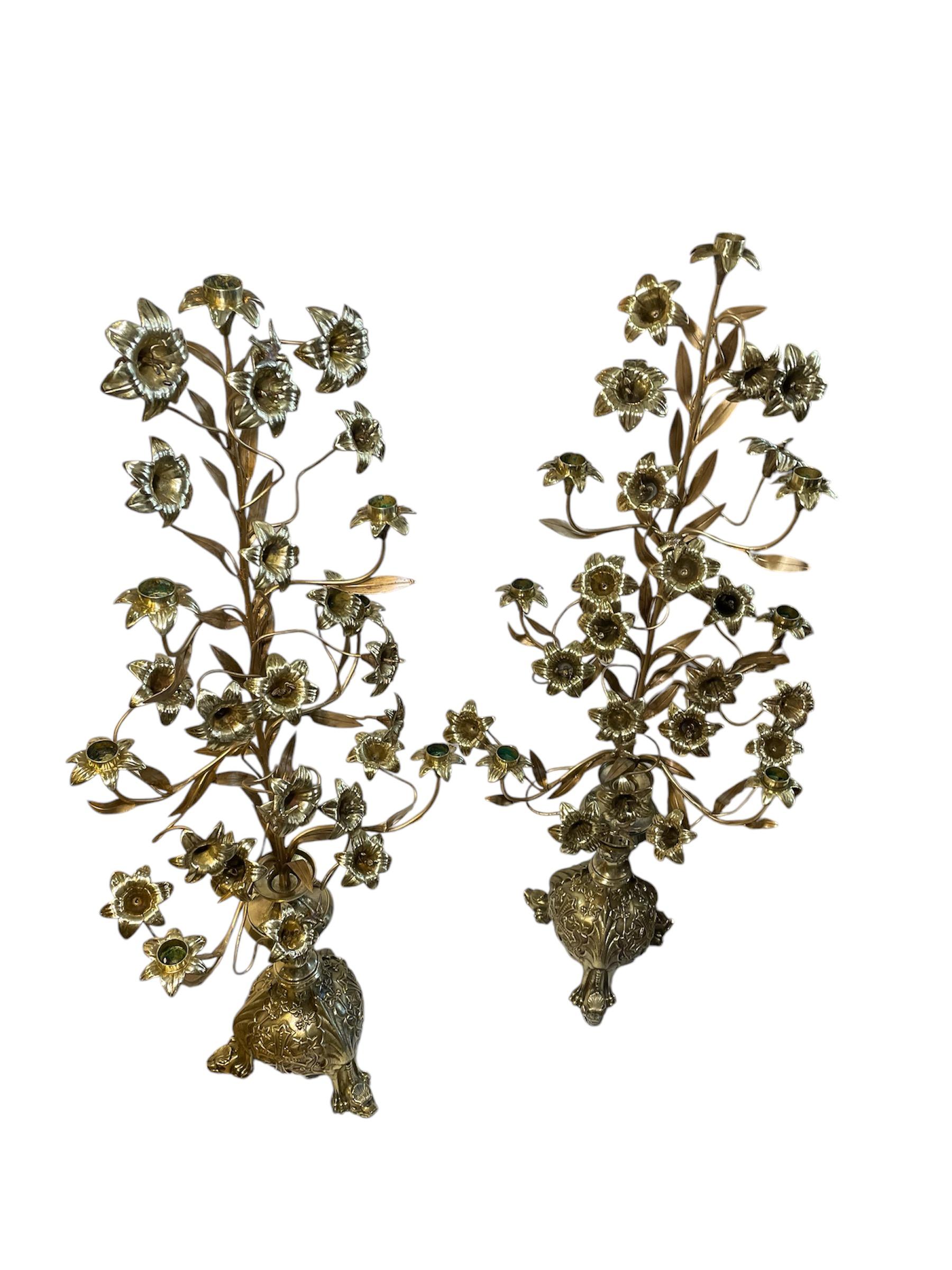 Pair Of Gilt Bronze Console Lily Flowers Candelabras 1