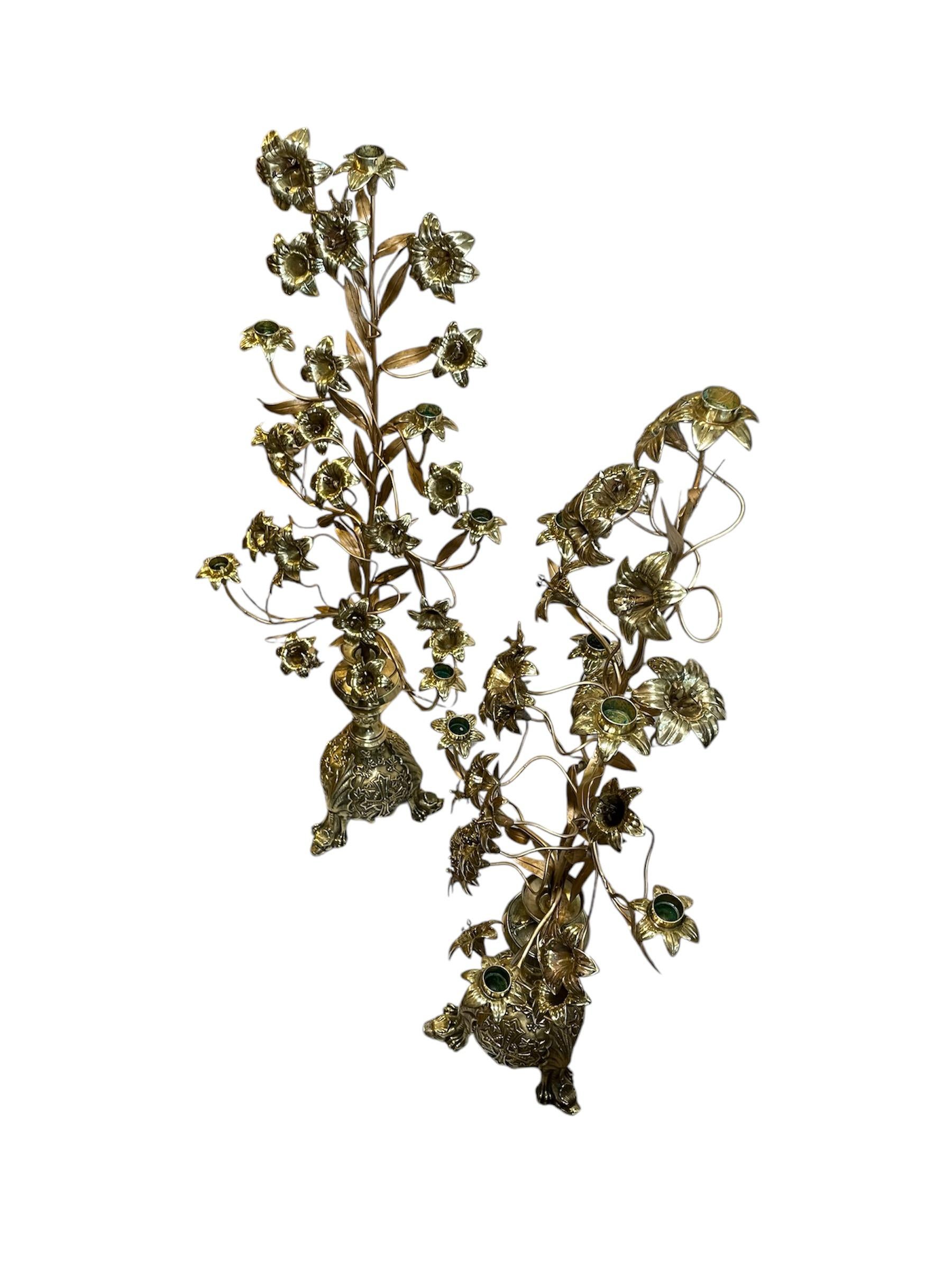 Pair Of Gilt Bronze Console Lily Flowers Candelabras 2