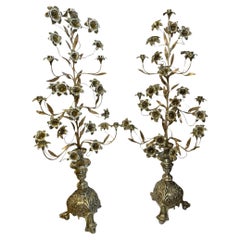 Pair Of Gilt Bronze Console Lily Flowers Candelabras
