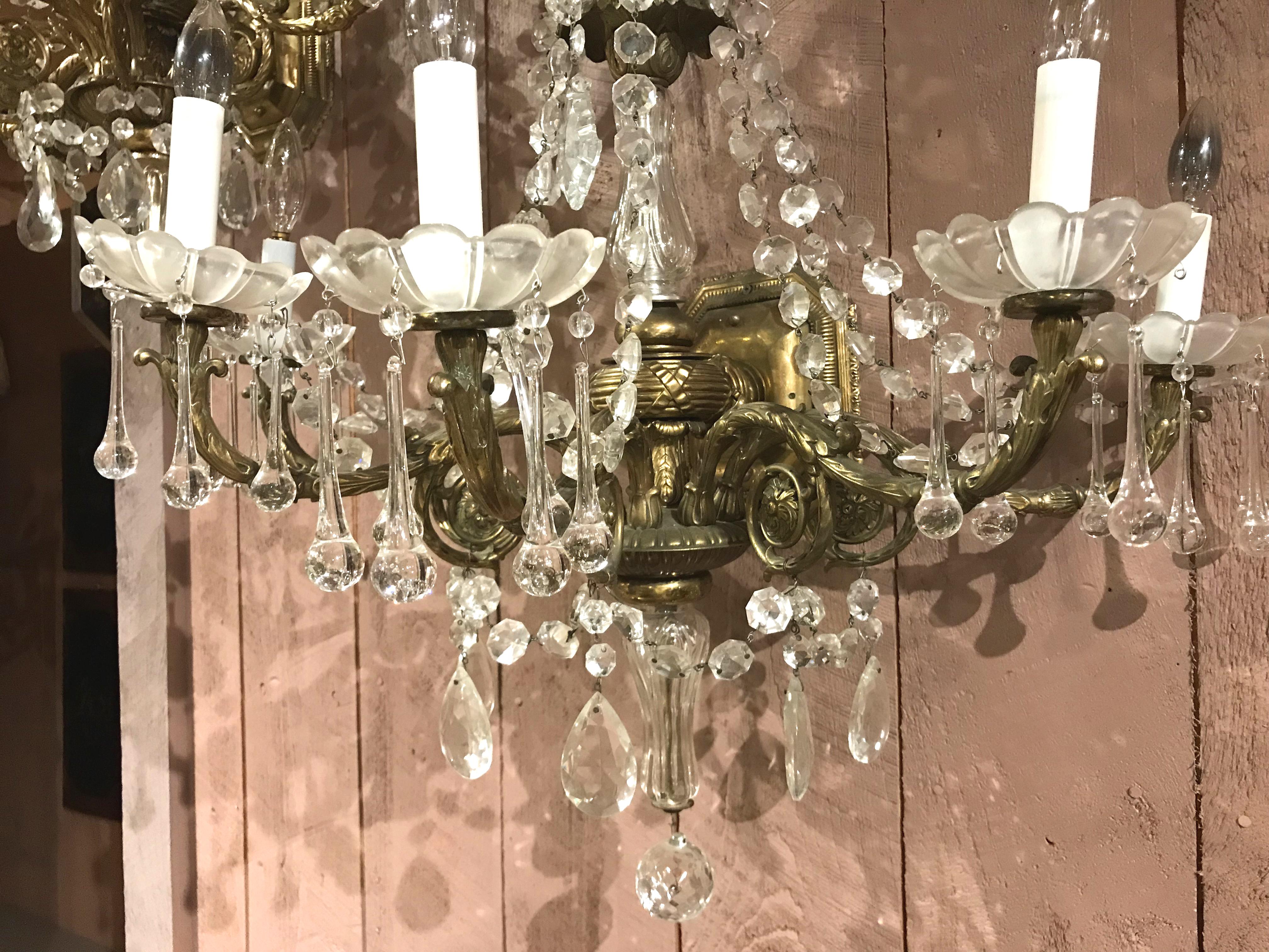 French Pair of Gilt Bronze & Crystal Palace Five-Light Sconces For Sale