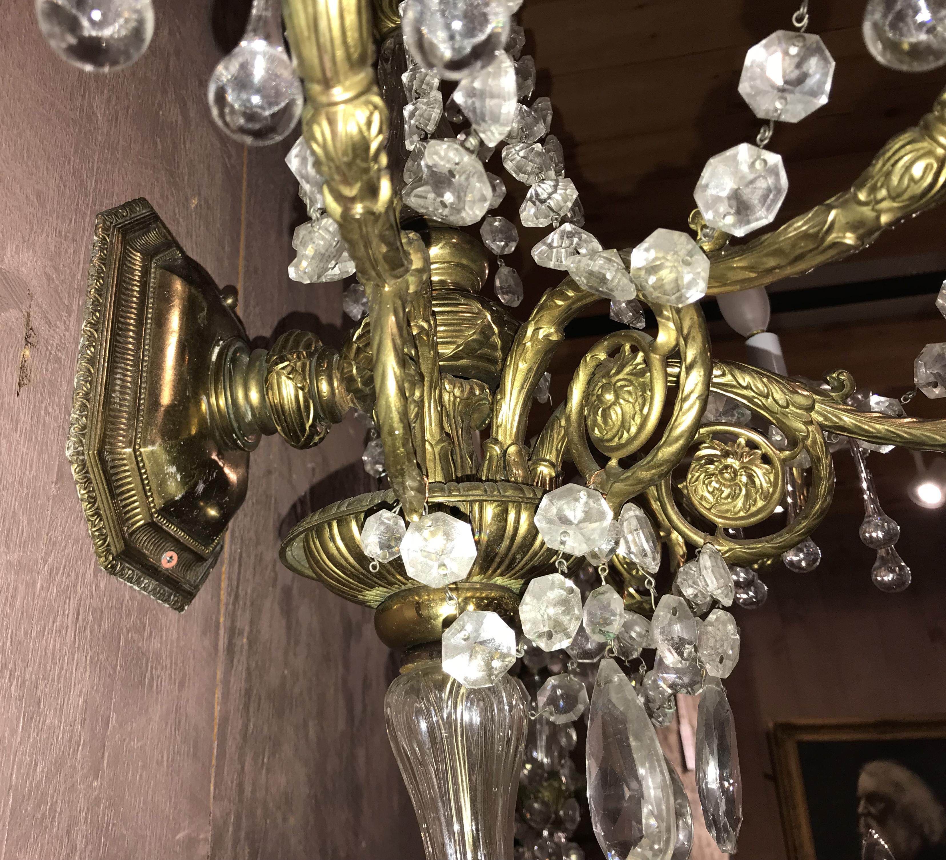 Pair of Gilt Bronze & Crystal Palace Five-Light Sconces In Good Condition For Sale In Milford, NH