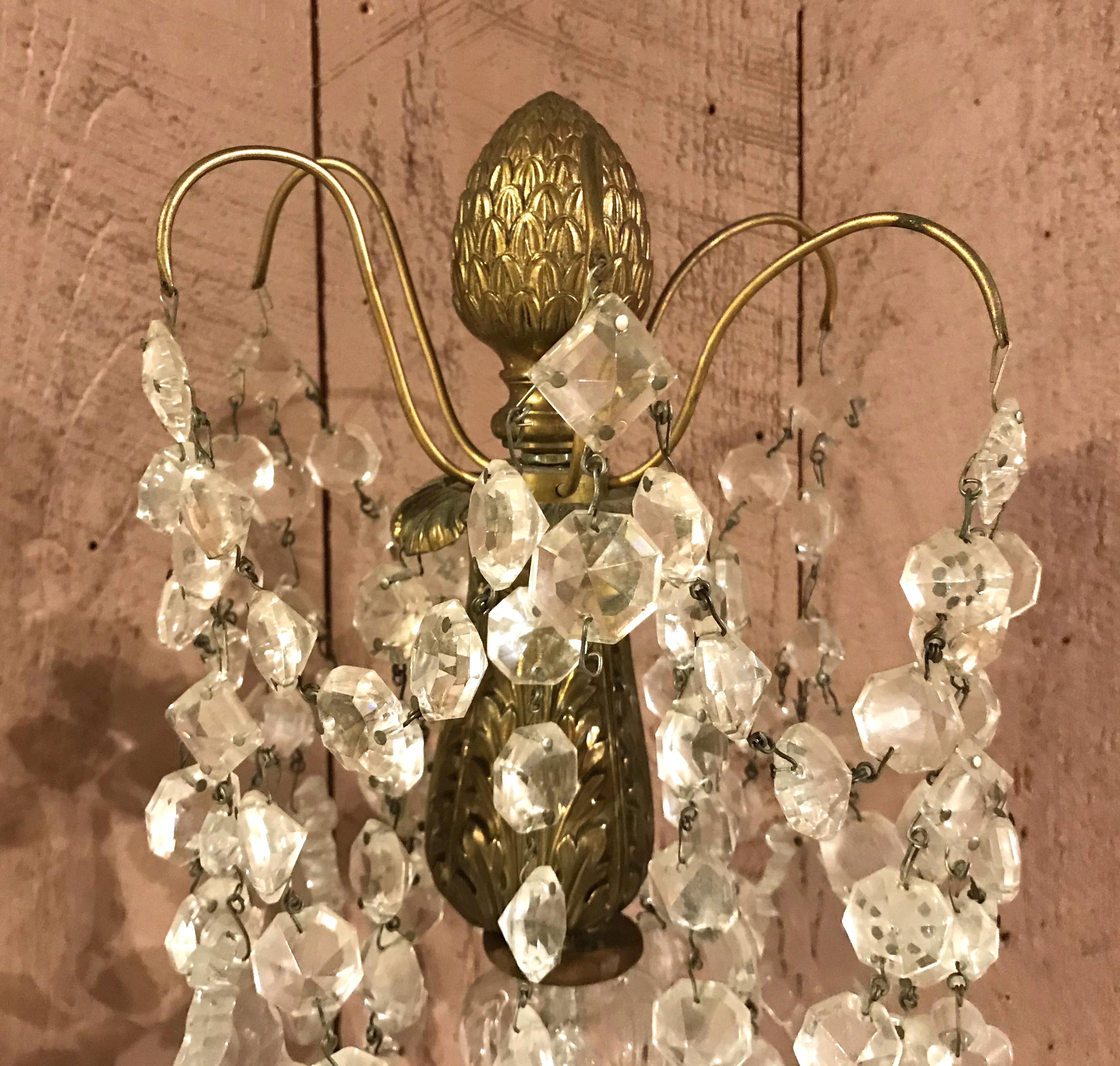 Pair of Gilt Bronze & Crystal Palace Five-Light Sconces For Sale 3