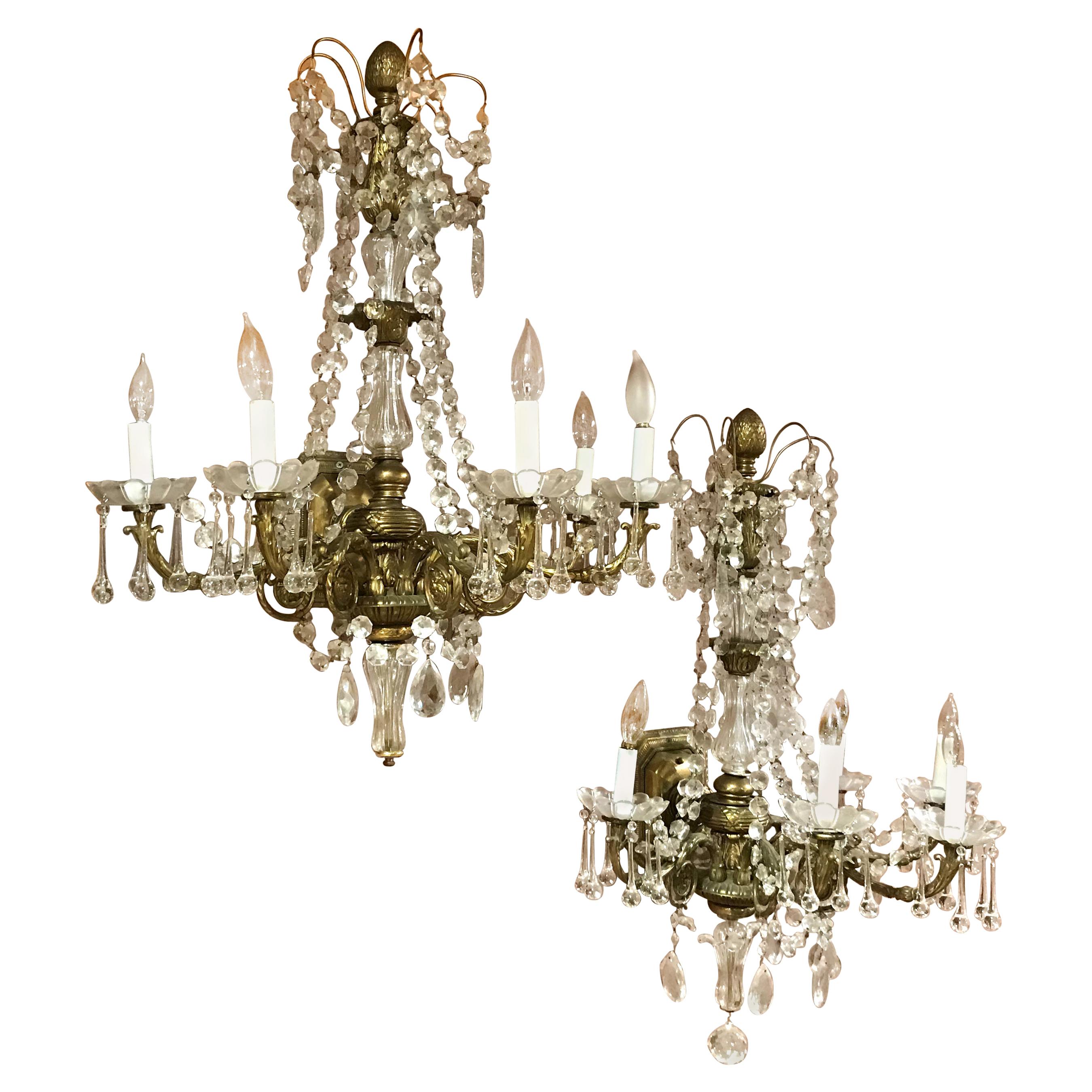 Pair of Gilt Bronze & Crystal Palace Five-Light Sconces For Sale