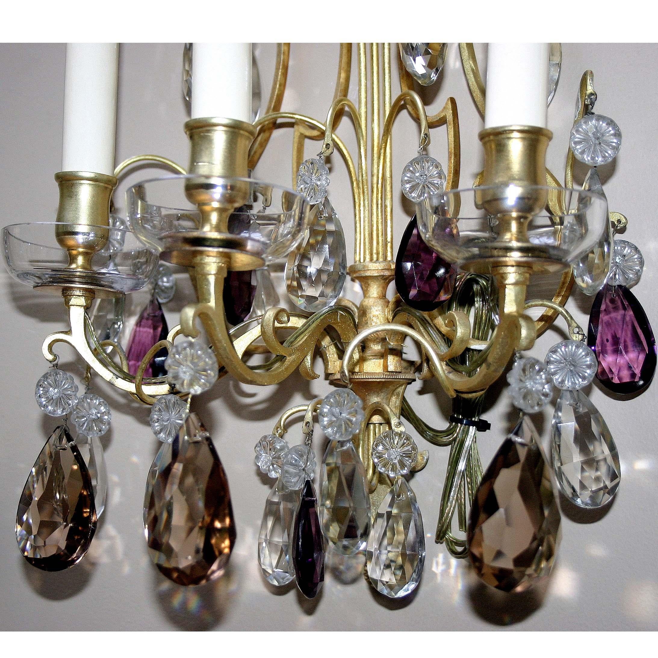 French Pair of Gilt Bronze Crystal Sconces For Sale