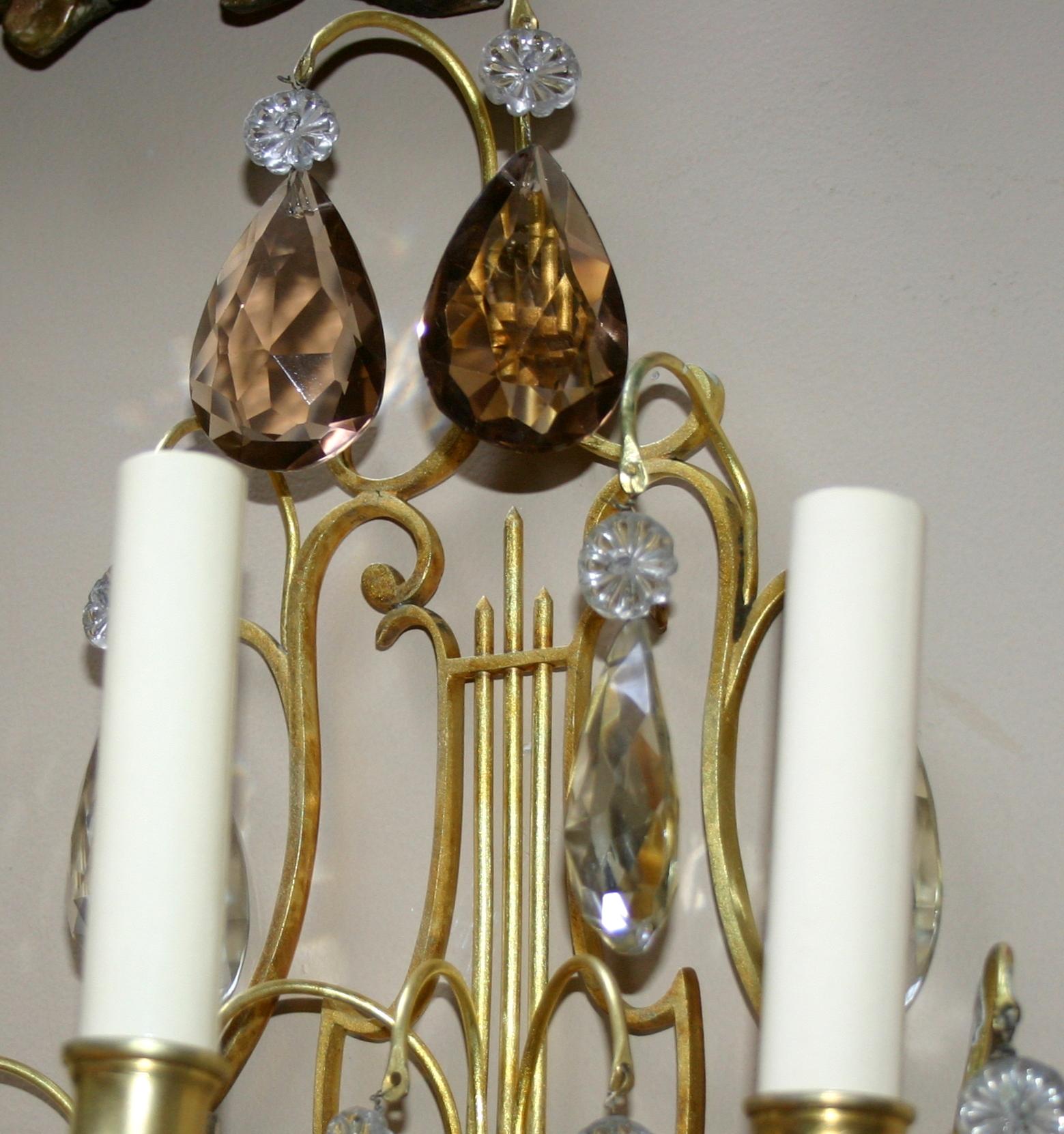 Early 20th Century Pair of Gilt Bronze Crystal Sconces For Sale