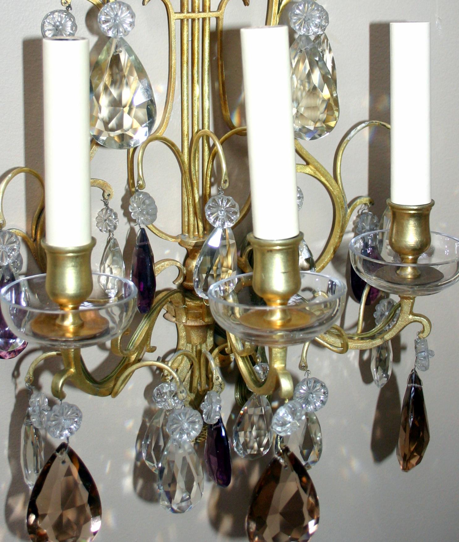 Pair of Gilt Bronze Crystal Sconces For Sale 1