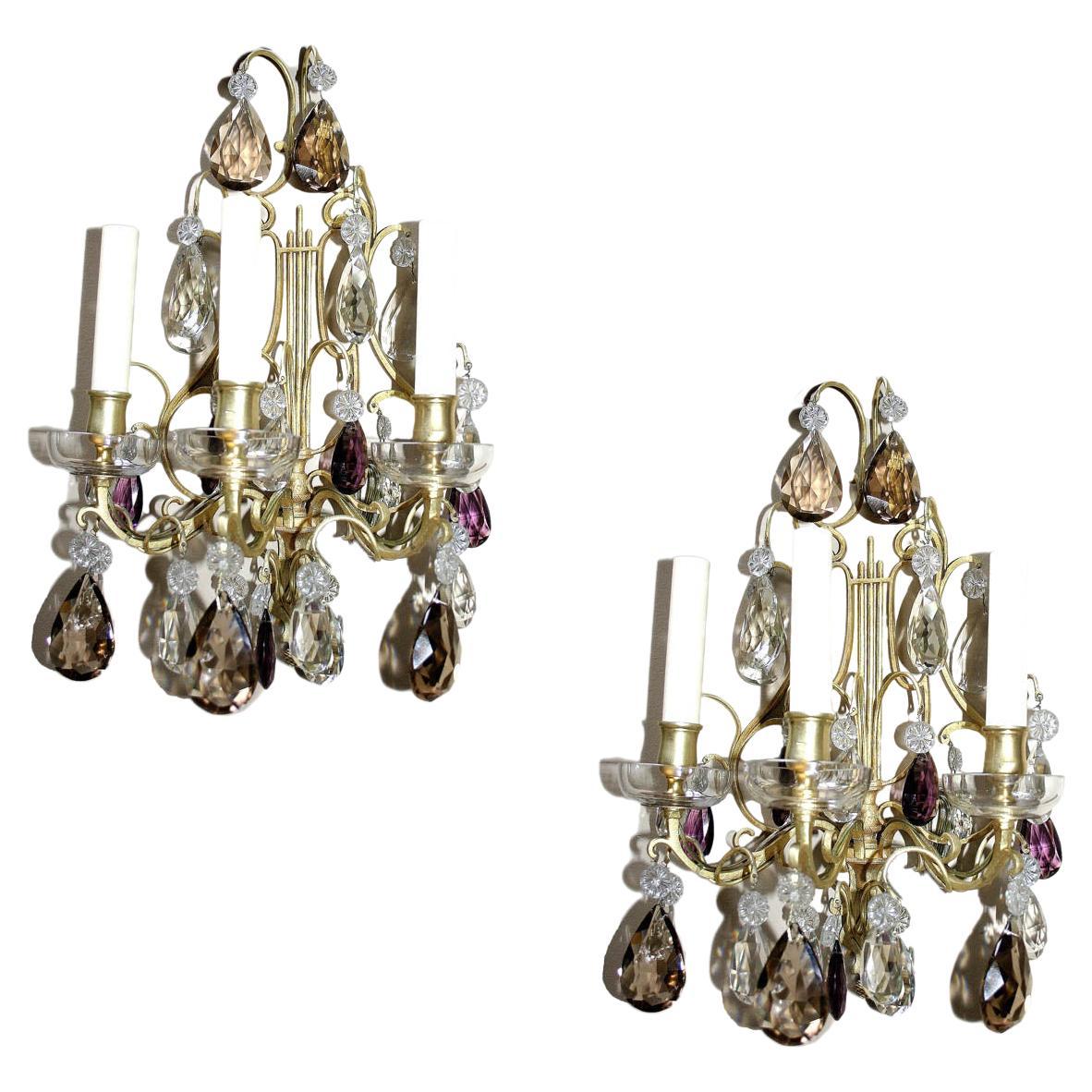 Pair of Gilt Bronze Crystal Sconces For Sale