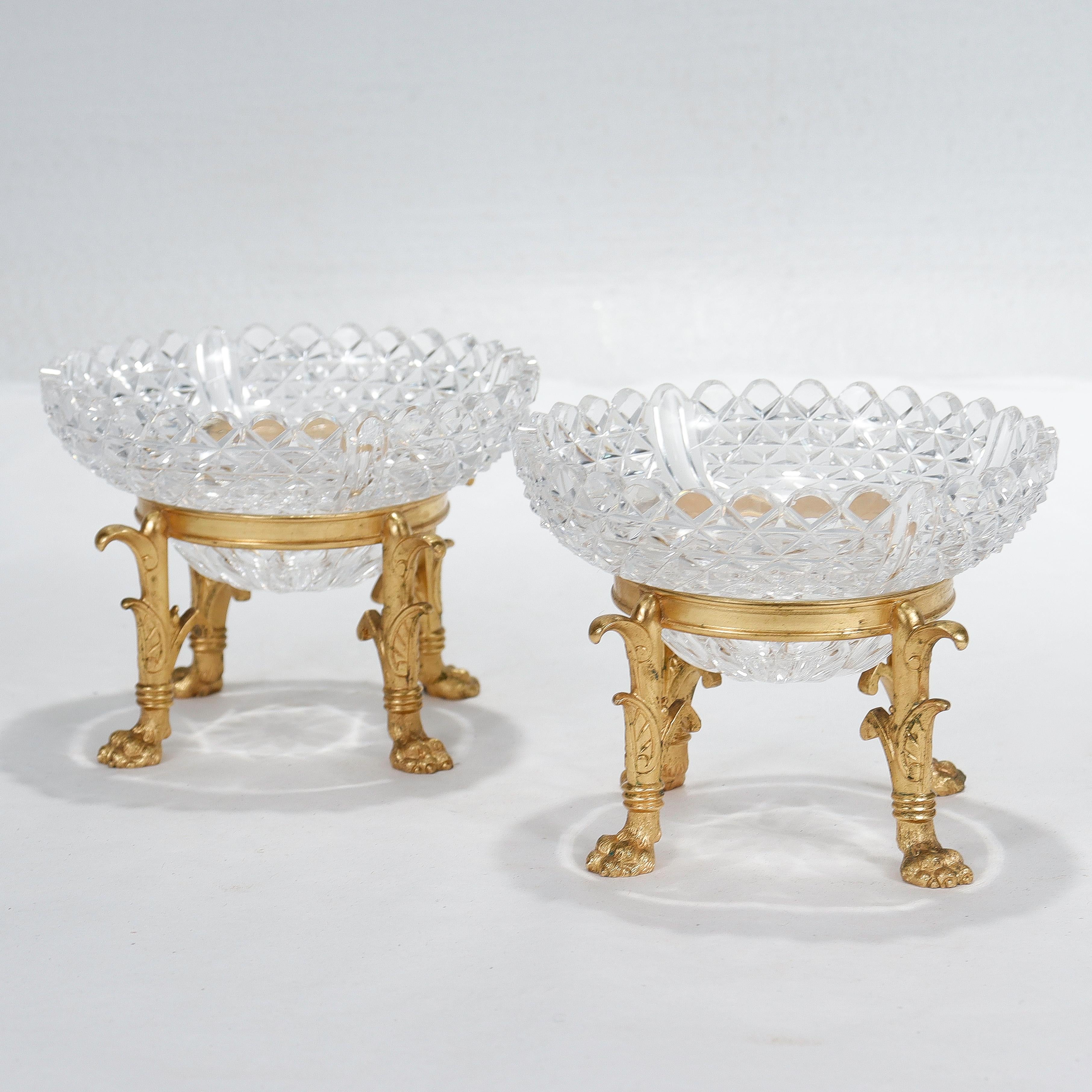 Egyptian Revival Pair of Gilt Bronze & Cut Glass Footed Bowls Attributed to F. & C. Osler