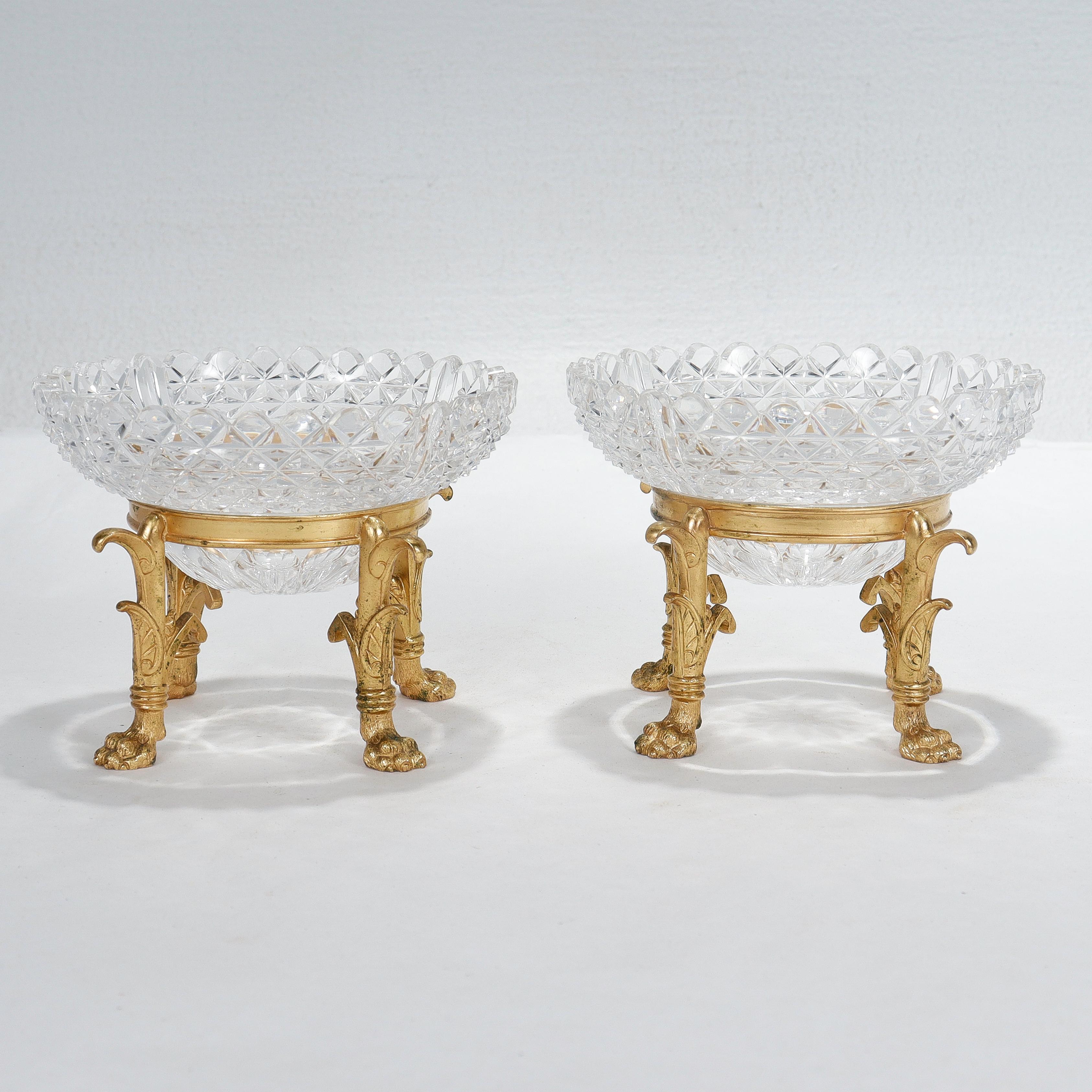 Pair of Gilt Bronze & Cut Glass Footed Bowls Attributed to F. & C. Osler In Good Condition In Philadelphia, PA