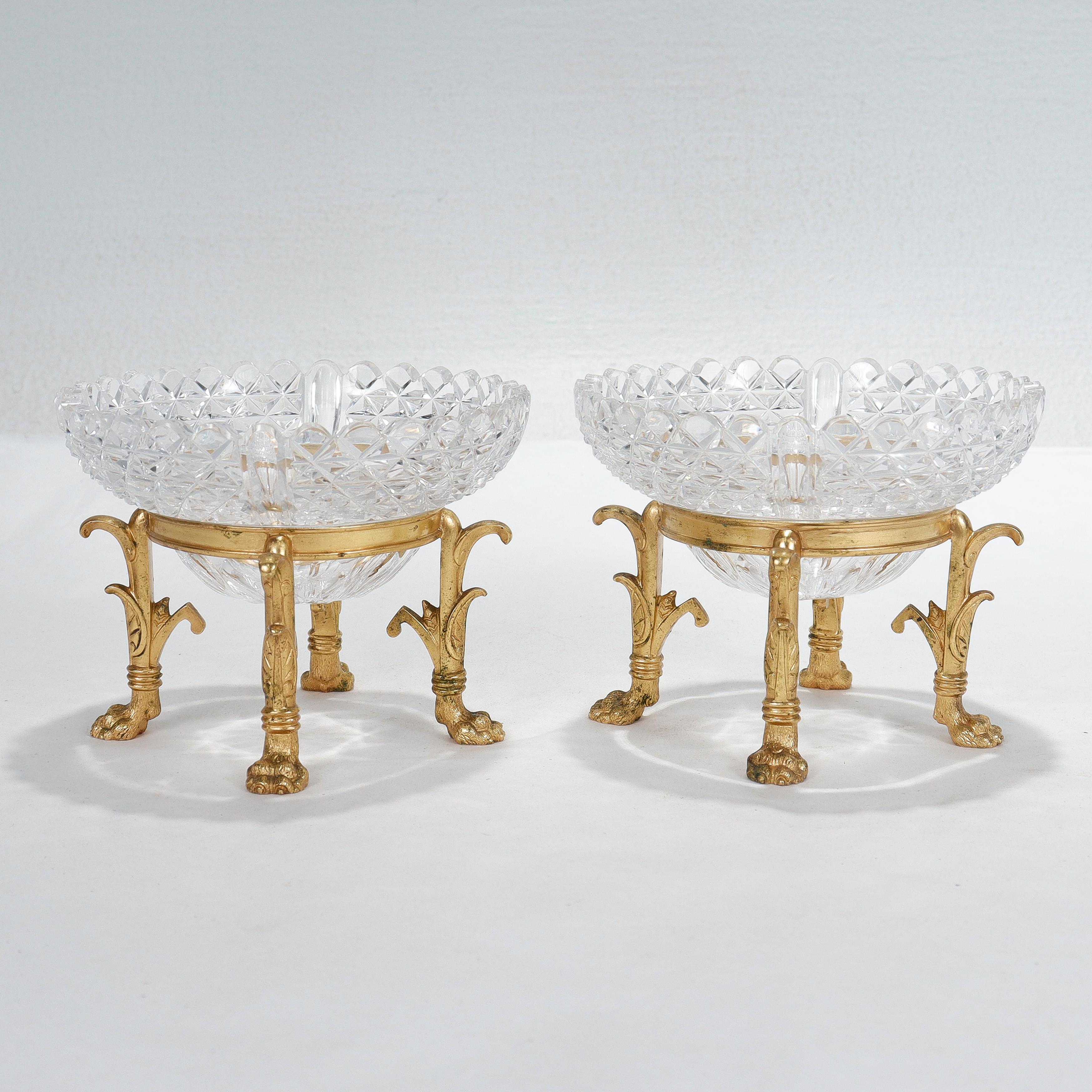 19th Century Pair of Gilt Bronze & Cut Glass Footed Bowls Attributed to F. & C. Osler