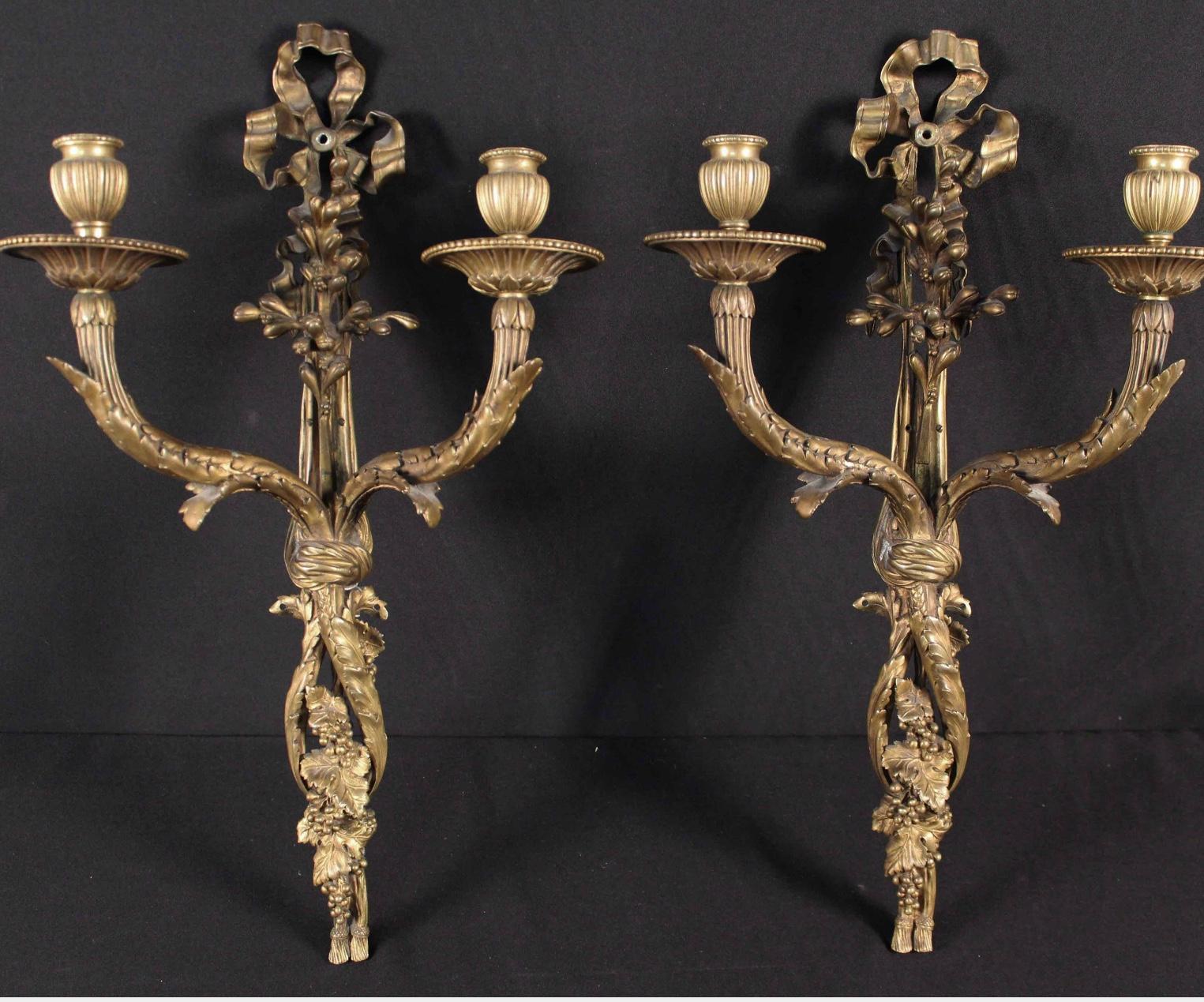 Tall Pair of Gilt Bronze Dore Louis XVI Style Wall Sconces 7