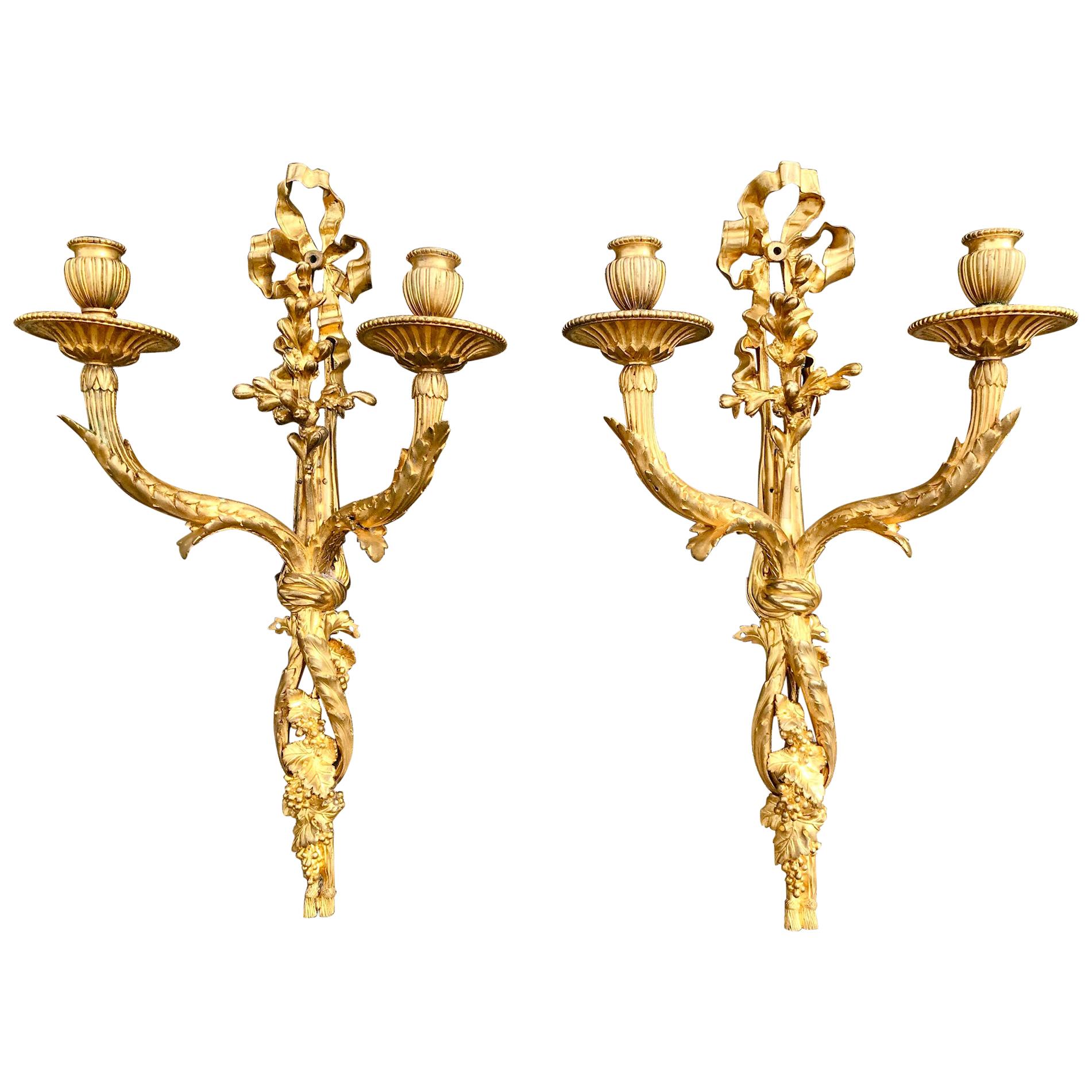 Tall Pair of Gilt Bronze Dore Louis XVI Style Wall Sconces 9