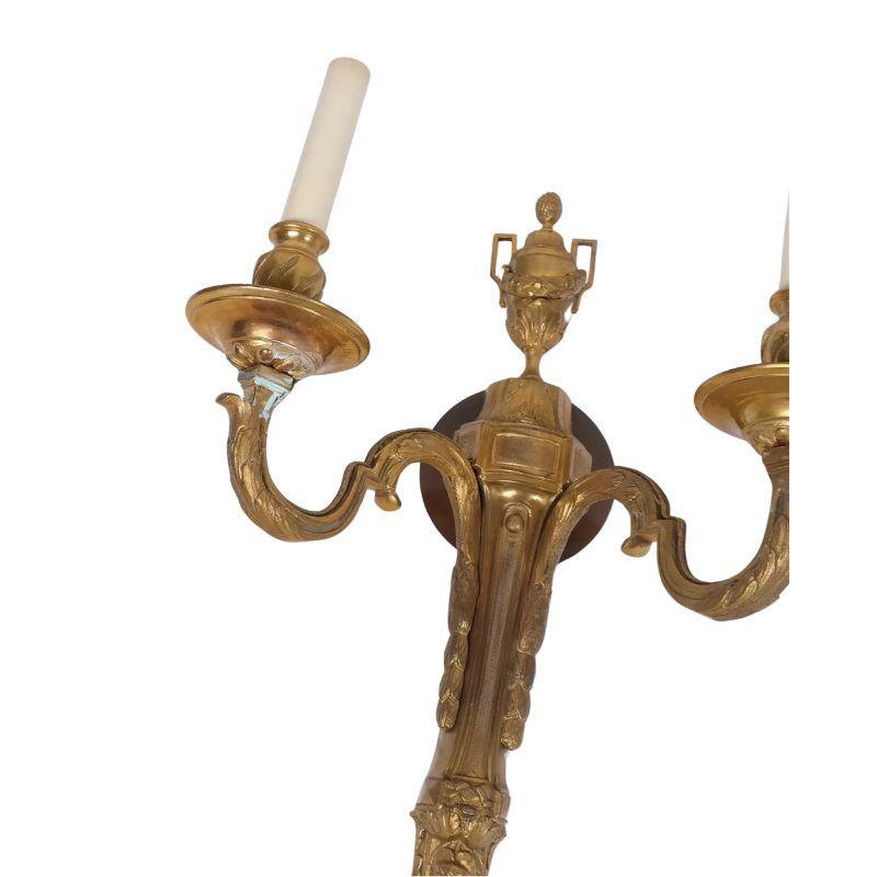 20th Century Pair of Gilt Bronze Double Arm Louis XVI Style Sconces For Sale