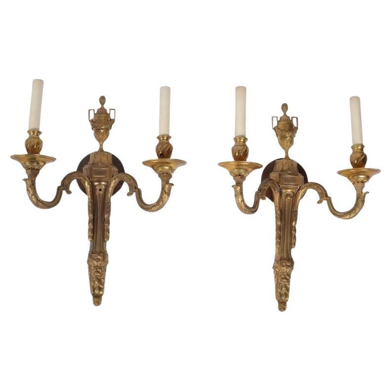 Pair of Gilt Bronze Double Arm Louis XVI Style Sconces For Sale