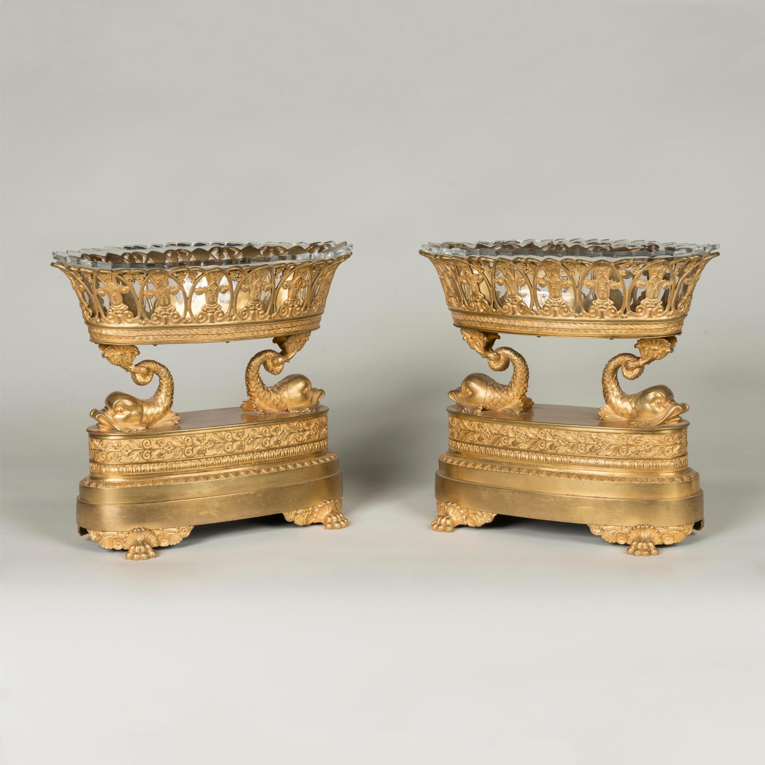 Cut Glass Pair of Gilt Bronze Empire Period 'Dolphin' Centrepieces attributed to Thomire For Sale