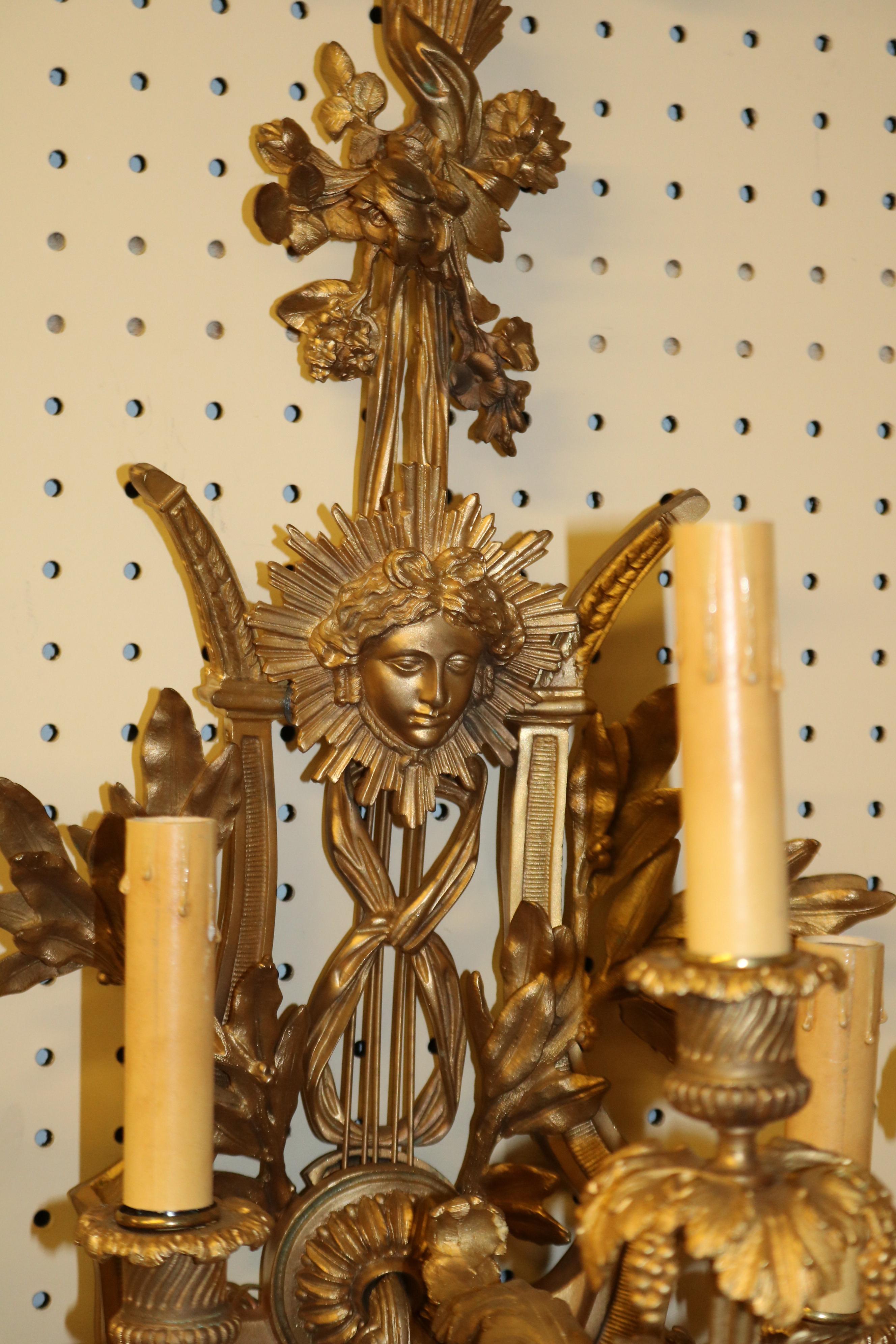 Pair of Gilt Bronze French Belle Epoque Sconces For Sale 7