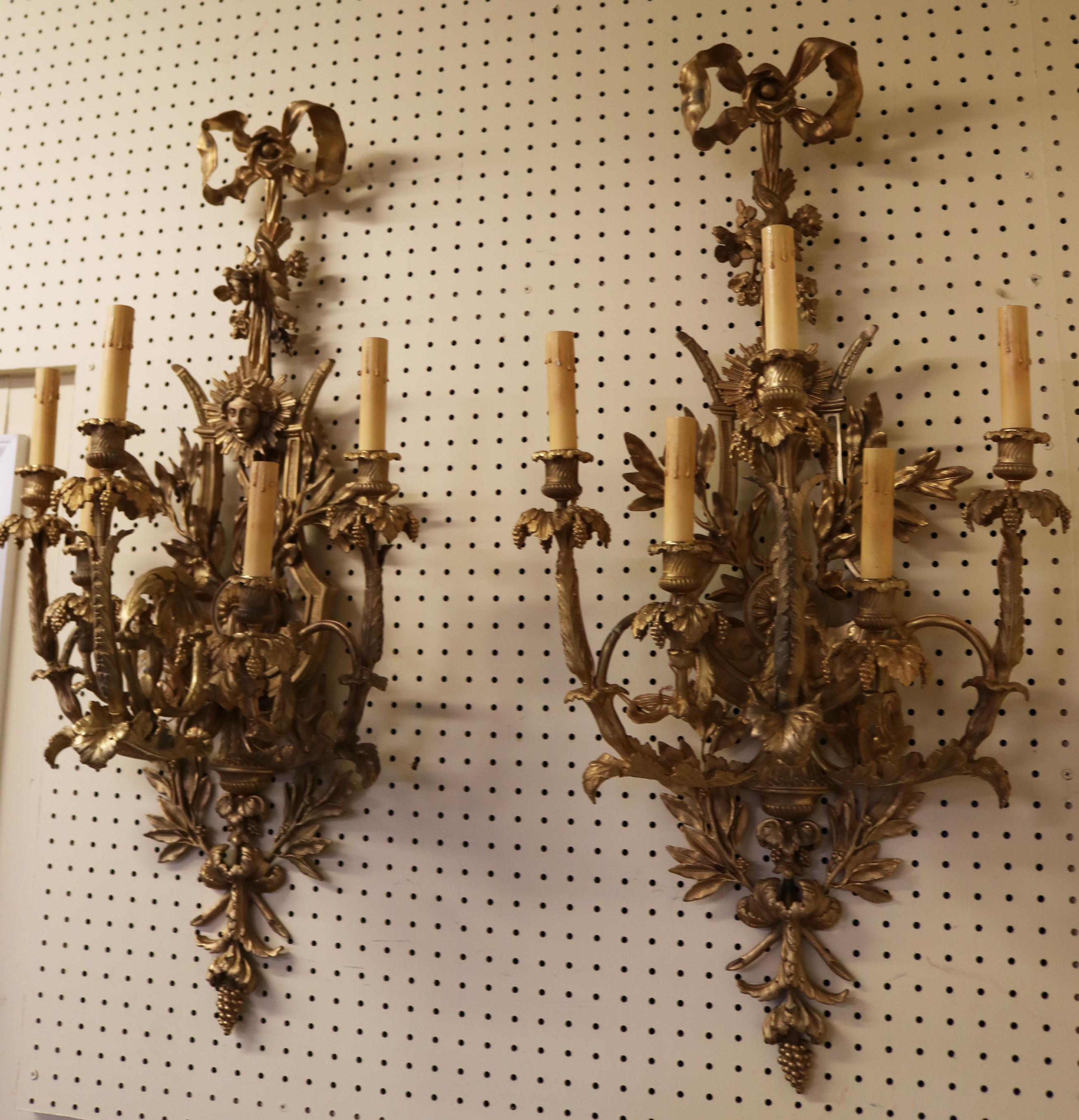  Pair of Gilt Bronze French Belle Epoque Sconces In Good Condition For Sale In Long Branch, NJ