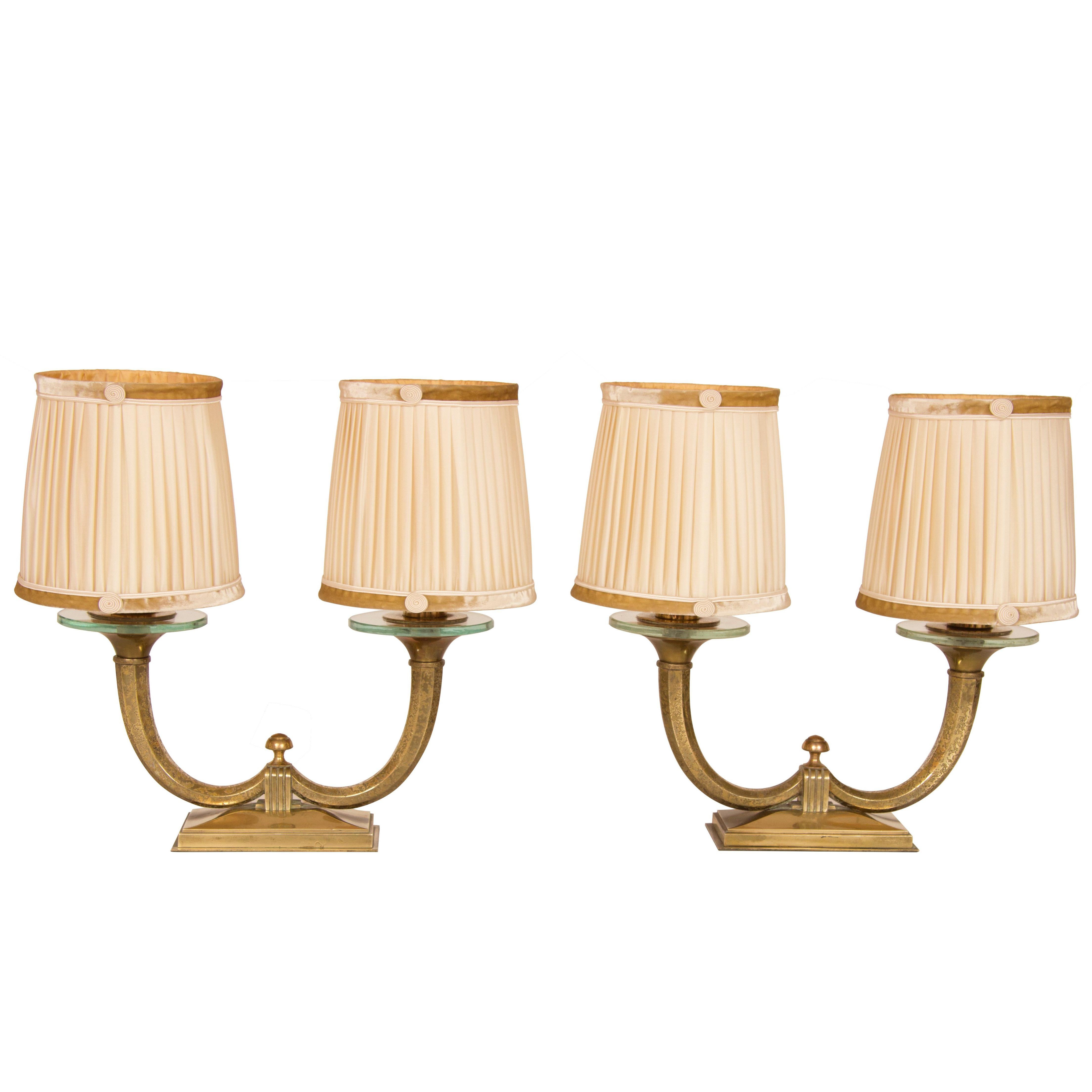 Pair of Gilt Bronze Genet et Michon Lamps with Original Shades For Sale