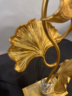 Pair of Gilt Bronze Ginkgo Leaf Table Lamps with Shades