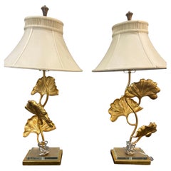 Pair of Gilt Bronze Ginkgo Leaf Table Lamps with Shades