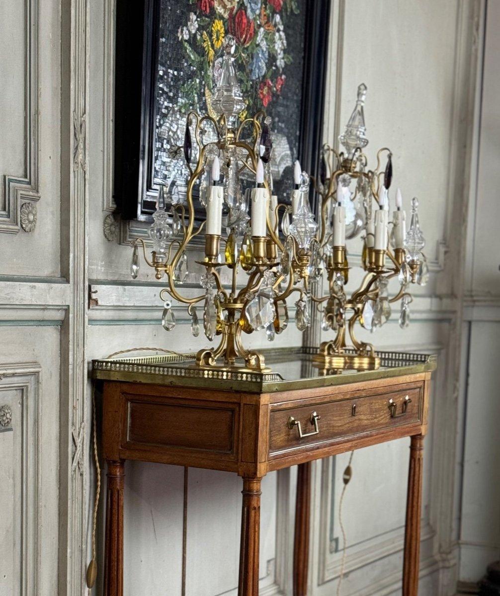 Par De Girándolas De Bronce Dorado Decoradas Con Cristales Tallados, Circa 1920 Metal en venta