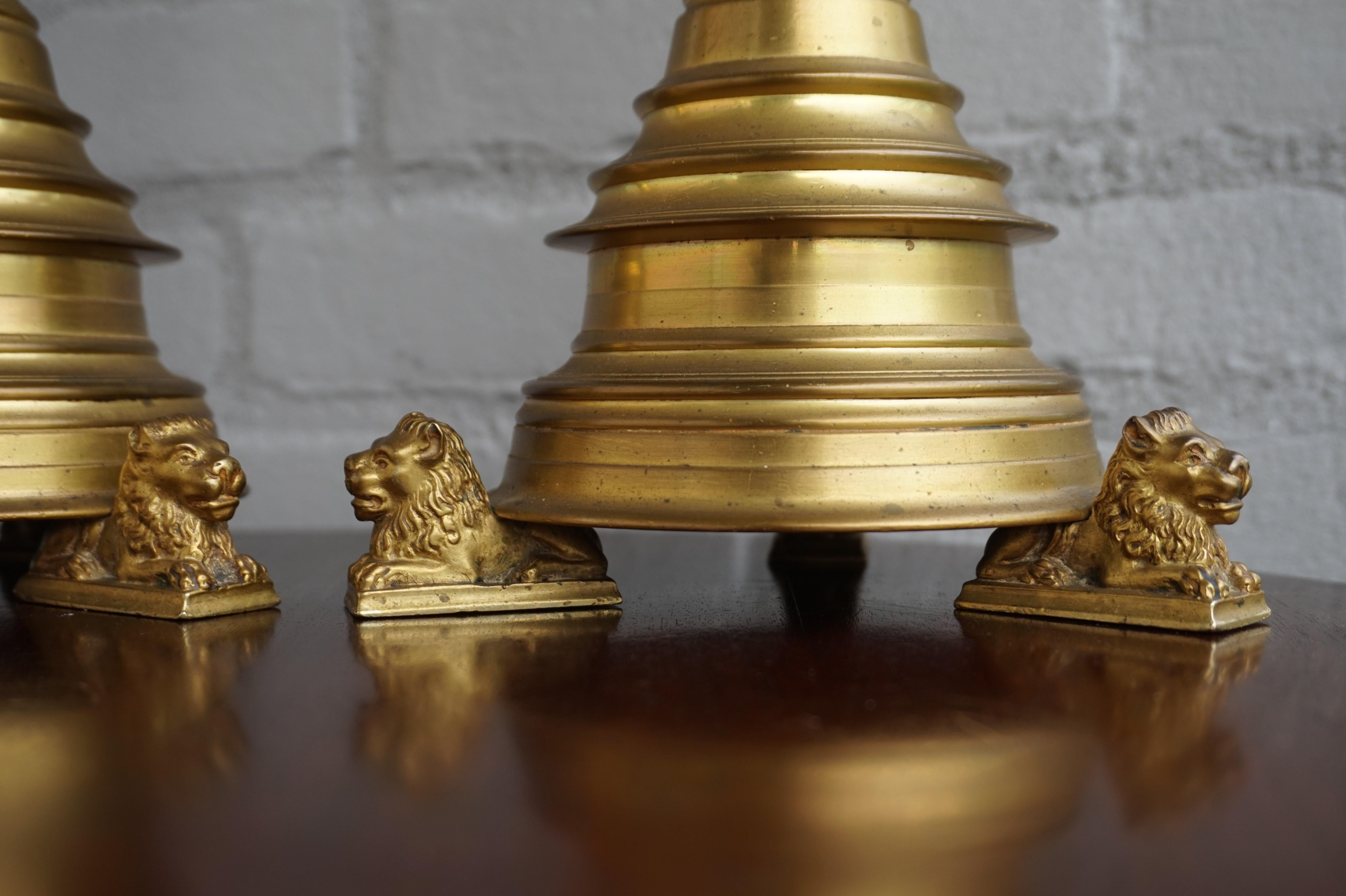 Pair of Gilt Bronze Gothic Revival Altar Pricket Candlesticks w. Lion Sculptures For Sale 1