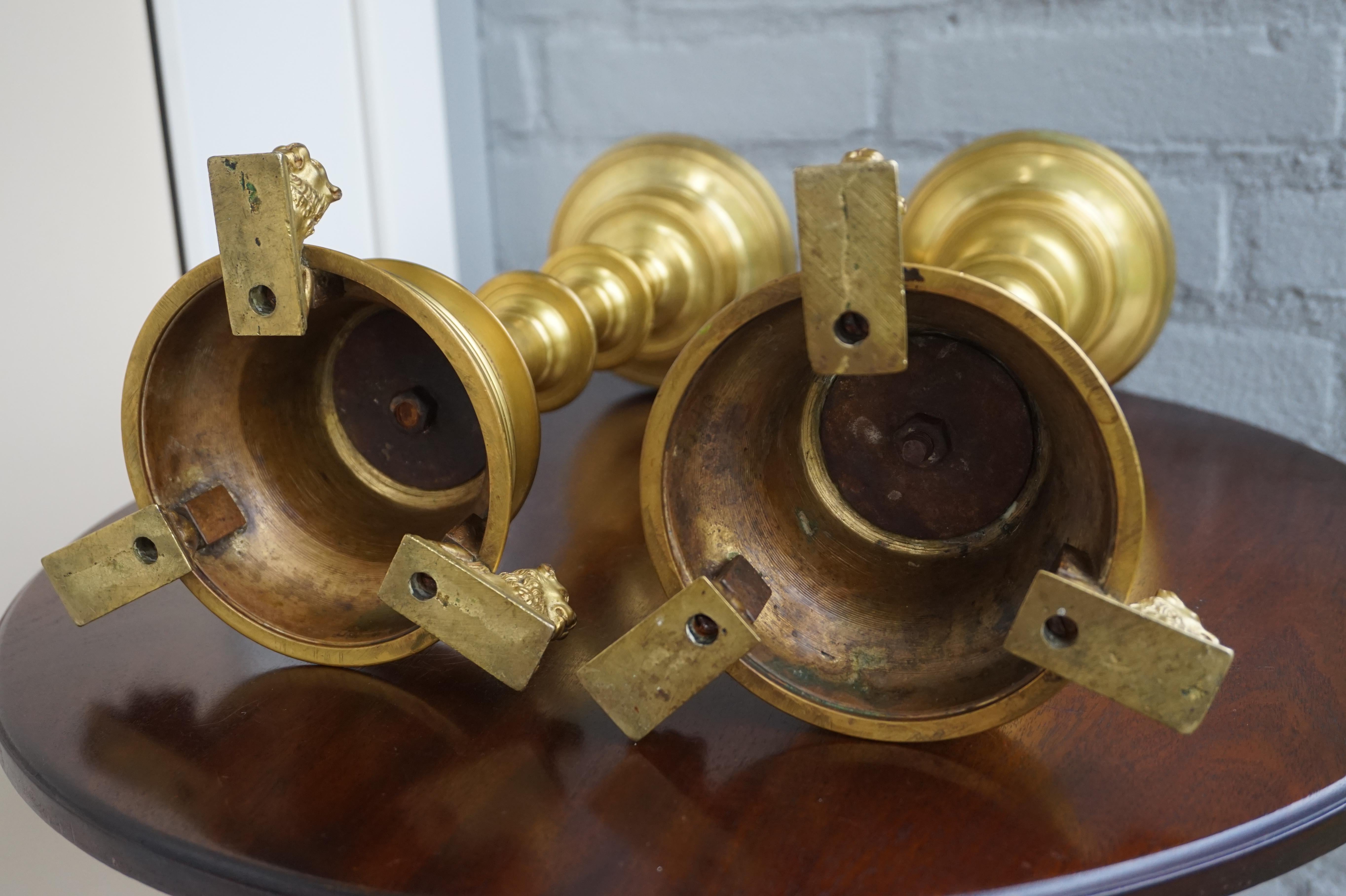 Pair of Gilt Bronze Gothic Revival Altar Pricket Candlesticks w. Lion Sculptures For Sale 4